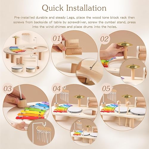 Miniatura 4 de EERKEOD Juego de batería para niños pequeños, instrumentos musicales 7 en 1, juguete musical Montessori, xilófono Montessori, instrumentos de