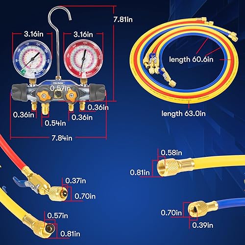 Miniatura 8 de Sunluway 49968 Colector de carga de prueba de 4 válvulas, juego de herramientas de manómetro de colector de AC con mangueras de válvula de bola de