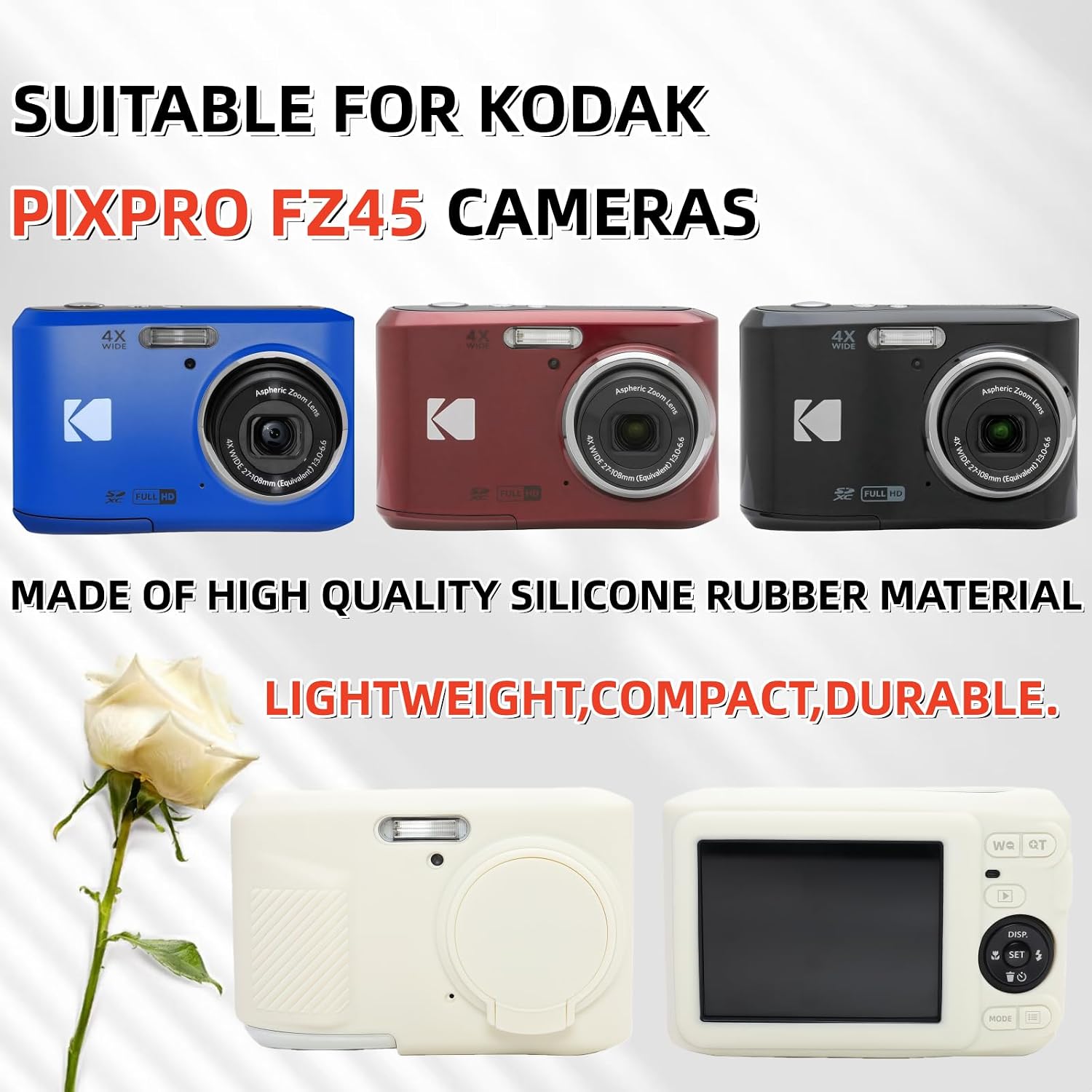 Case for Kodak PIXPRO FZ45, FZ45 Accessories: Soft Silicone Protective Case with Removable Lens Cover, Includes 2 Screen Protectors and 1 Wrist Strap. (Misty White)
