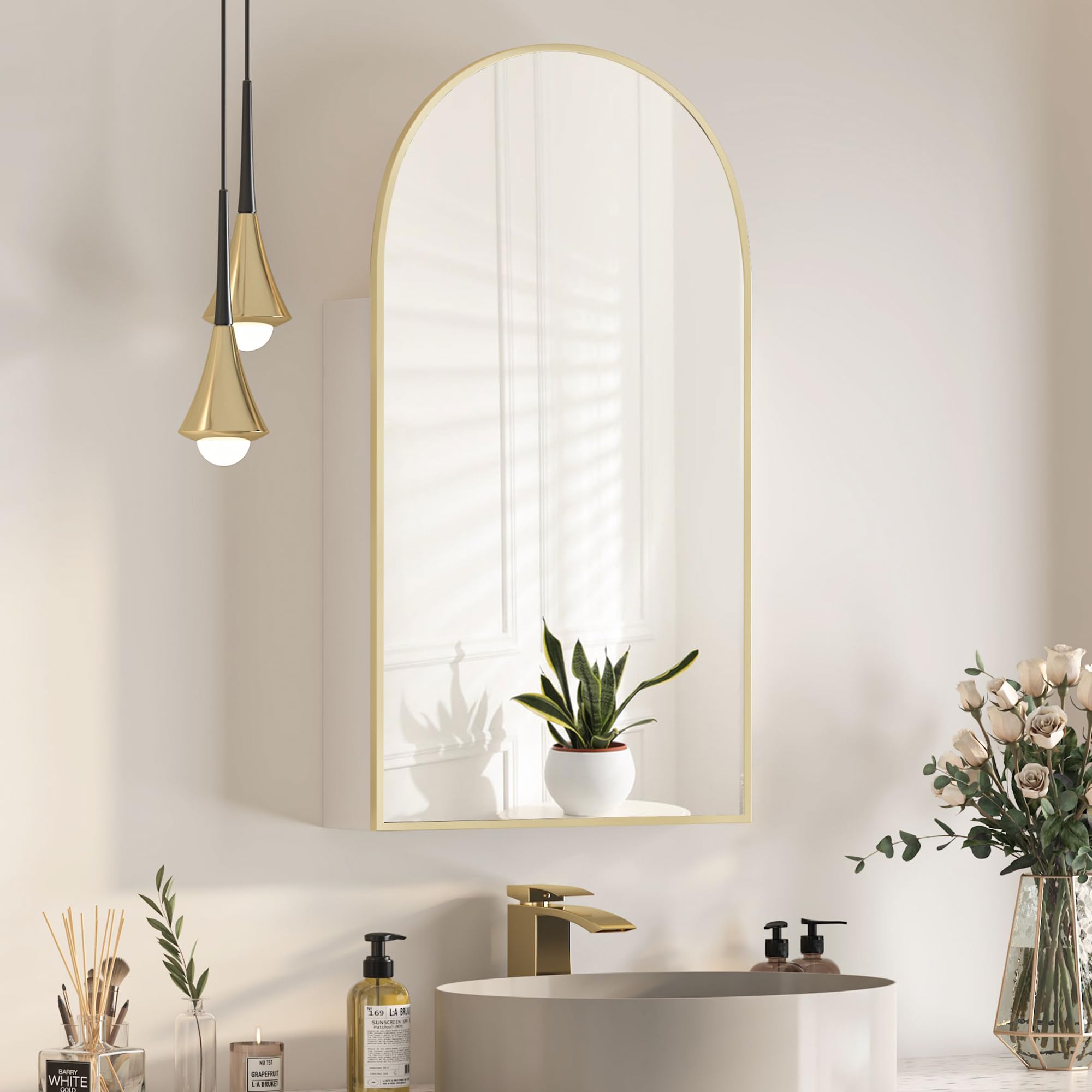 Mepplzian Bathroom Mirror with Storage,Arched Mirror Cabinet Bathroom Wall,Bathroom Cabinets with Mirror,Curved Arch Bathroom Mirror Cabinet,Brushed Gold Mirrored Bathroom Cabinets Wall Mounted,40x80