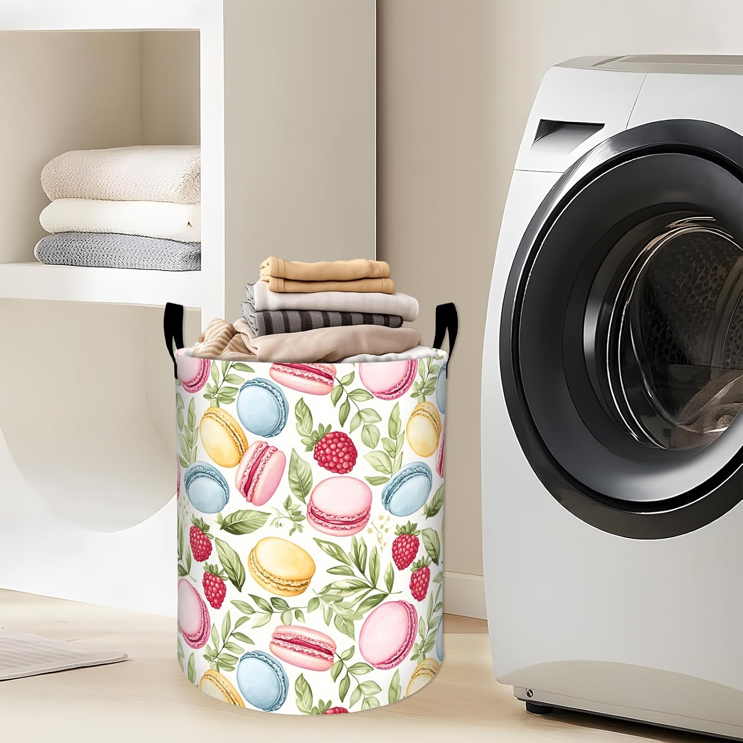 Sweet Macaron Laundry Basket, Green Leaves Flower Dessert Storage Hamper, Round Collapsible Waterproof Cloth Bin, 19.7x15.7 Inch Cute Cartoon Clothes Organizer Gifts for Bathroom Decor image 2