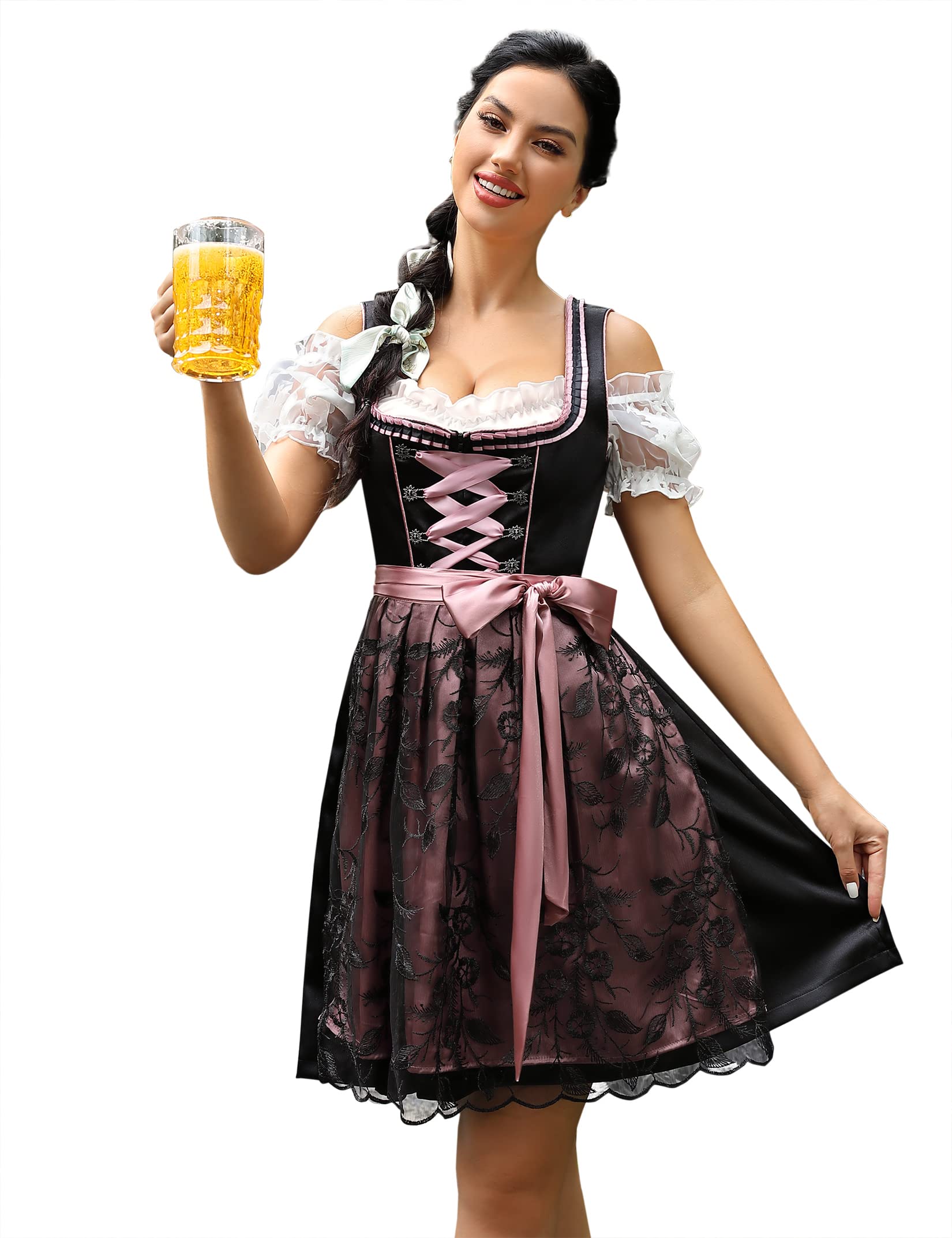 KOJOOIN Abito Donna Dirndl Bavaria Oktoberfest Set 3 Pezzi Camicia e Grembiule Dirndl Manica Corta Grembiule Bavarese Oktoberfest Cameriera Abiti da Festa