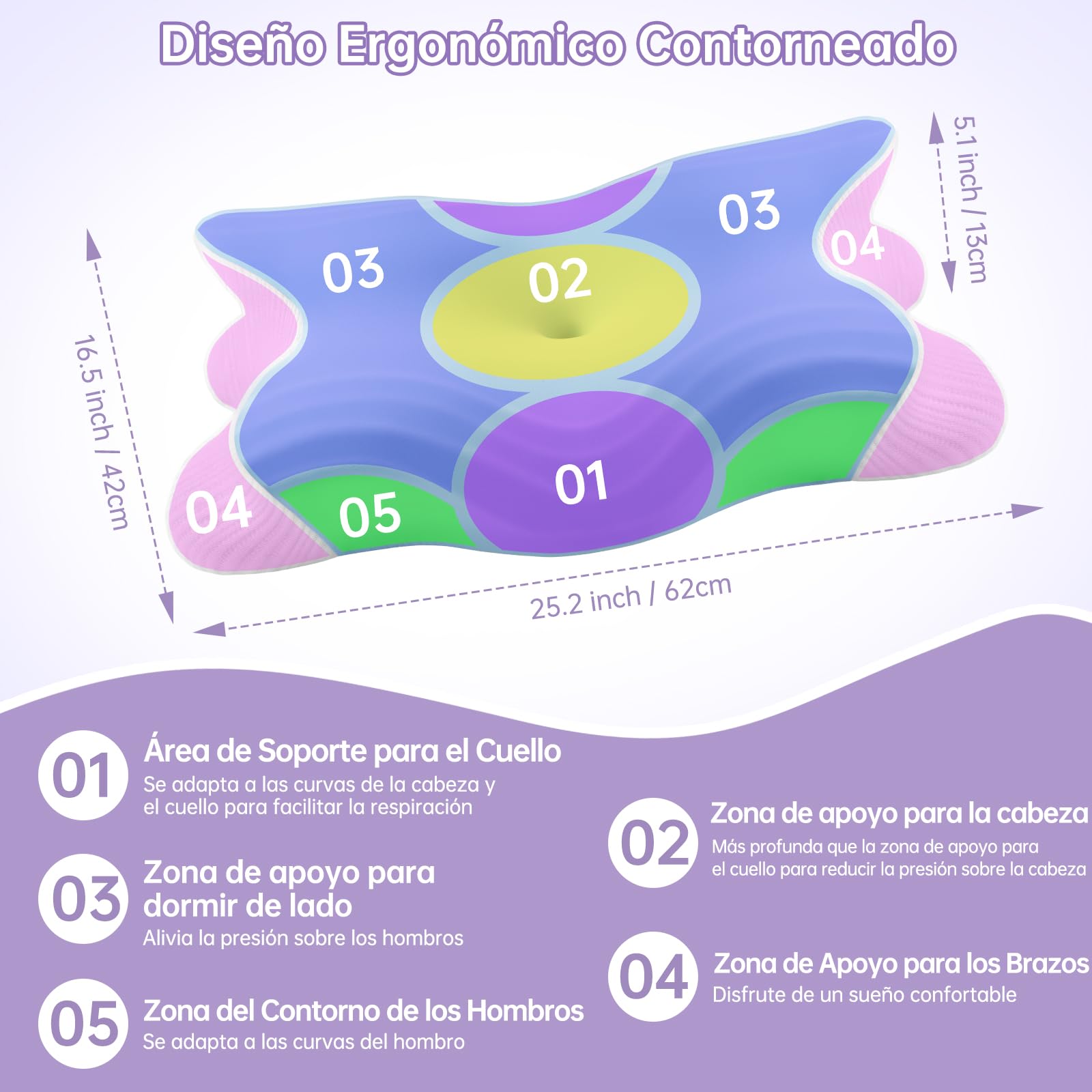 Almohada Cervicales y Cuello 2 en 1, Almohada Ergonómica para Lado 62 x 42 x 11/13 cm, Espalda y Estómago, Almohada Ortopedica Cervical para Soporte de Hombro/Cuello/Cabeza - Azul Cielo