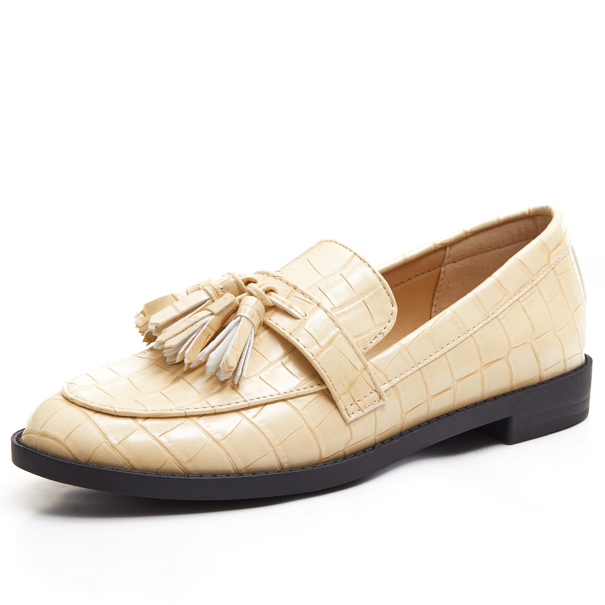 SIZE 10 Coutgo Women’s Loafers Flats Tassel Slip-on Chunky Block Heel Print Leather Work Penny Shoes(The Shoes are Runs Narrow)