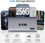SSK 256GB SSD External Hard Drive, Portable SSD Up to 550MB/s Fast Solid State Drives, External Drive USB 3.2 Gen2 for iPhone 15/Pro, Windows, Mac, Android with LED Light, Trim, Smart Supported