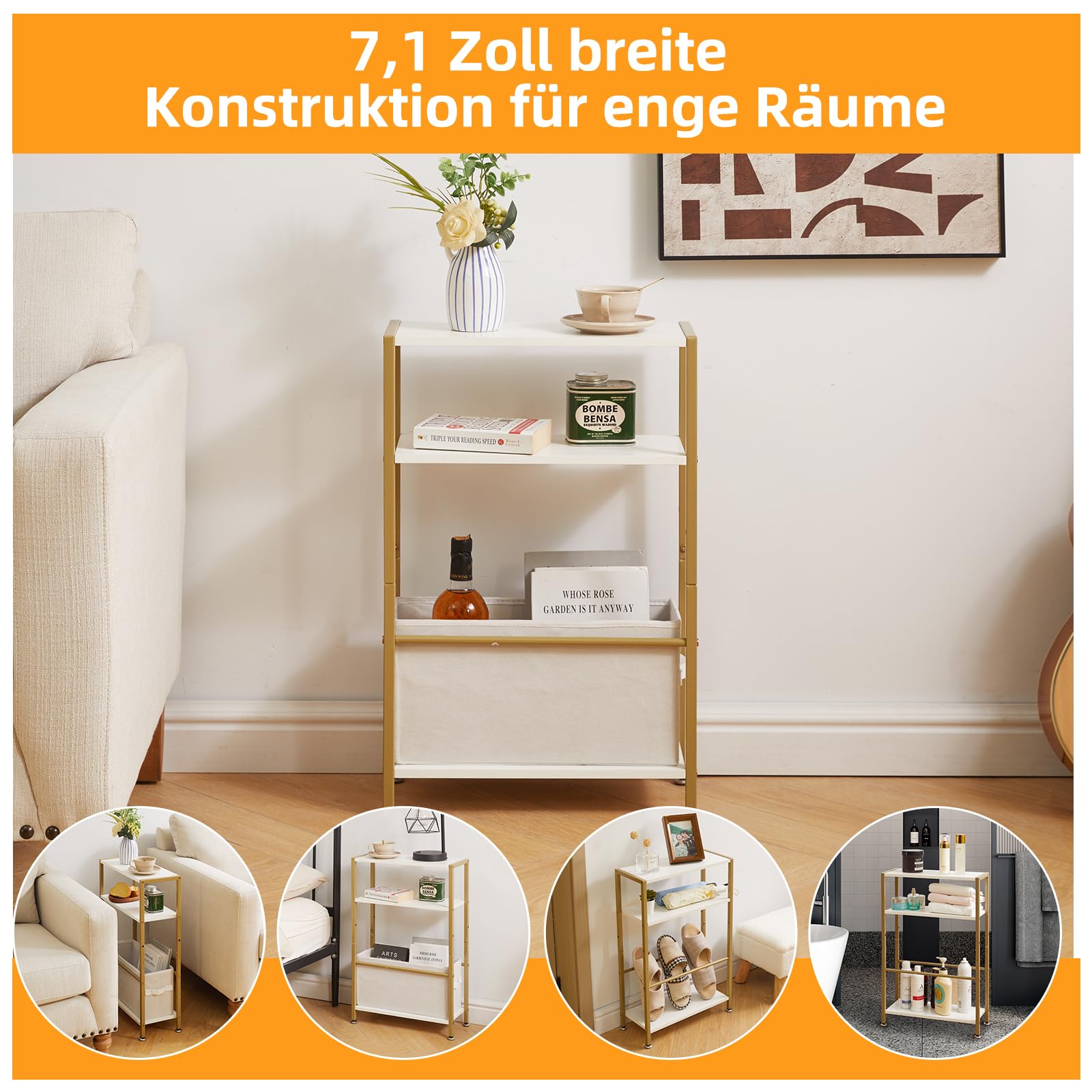 Aibiju Schmaler Beistelltisch, 3-stufiger Schmaler Beistelltisch mit Stoffkorb, Moderner Sofatisch für Schmale und Kleine Räume, mit goldenem Metallrahmen, Weiß YD-TM052J