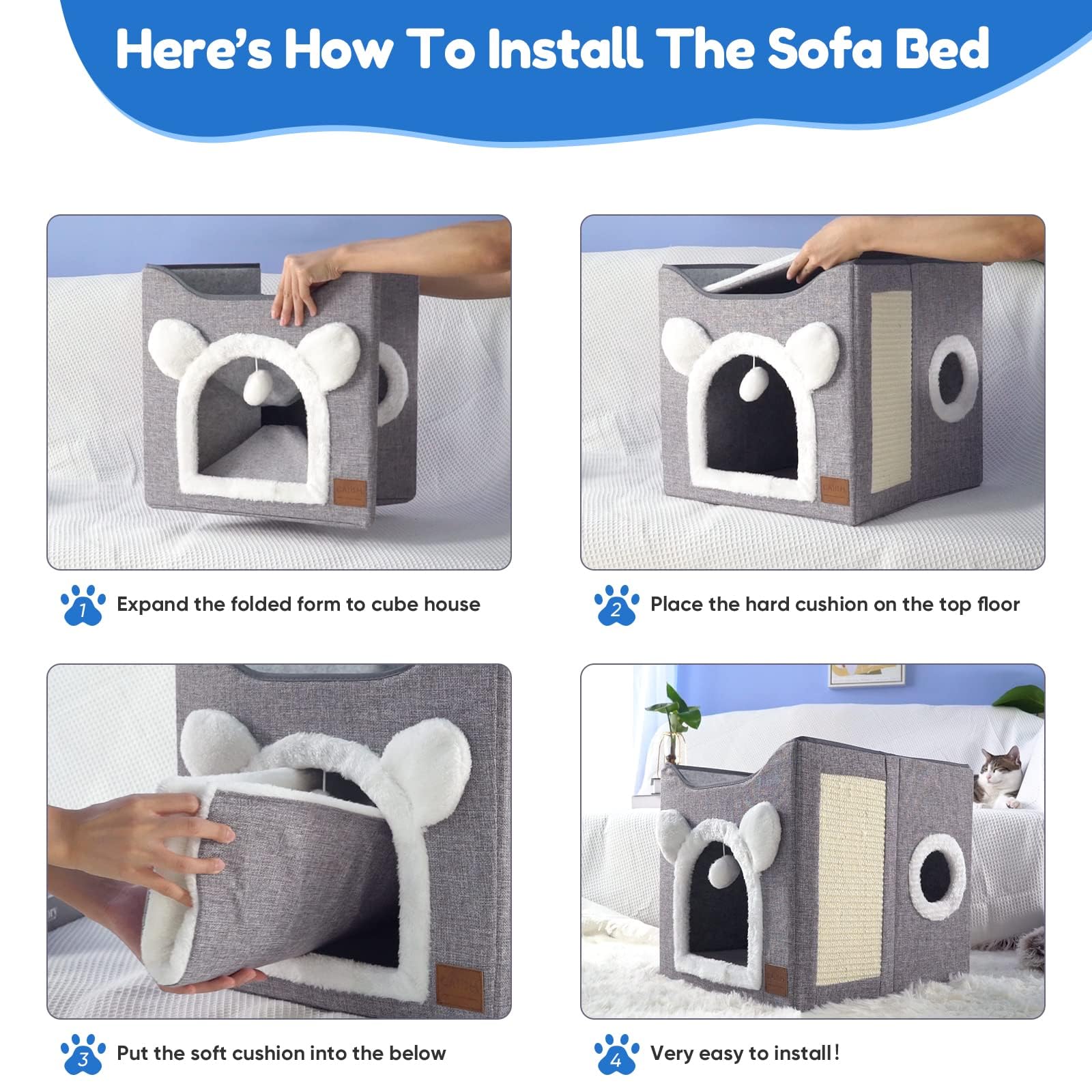 بيت قطط قابل للطي، كهف للقطط من طبقتين، مساحة كبيرة، سرير قطط مع كرة منفوشة معلقة ووسادة خدش للحيوانات الاليفة المتوسطة الحجم، مسند داخلي 40 × 40 × 35 سم (عش قطط رمادي)