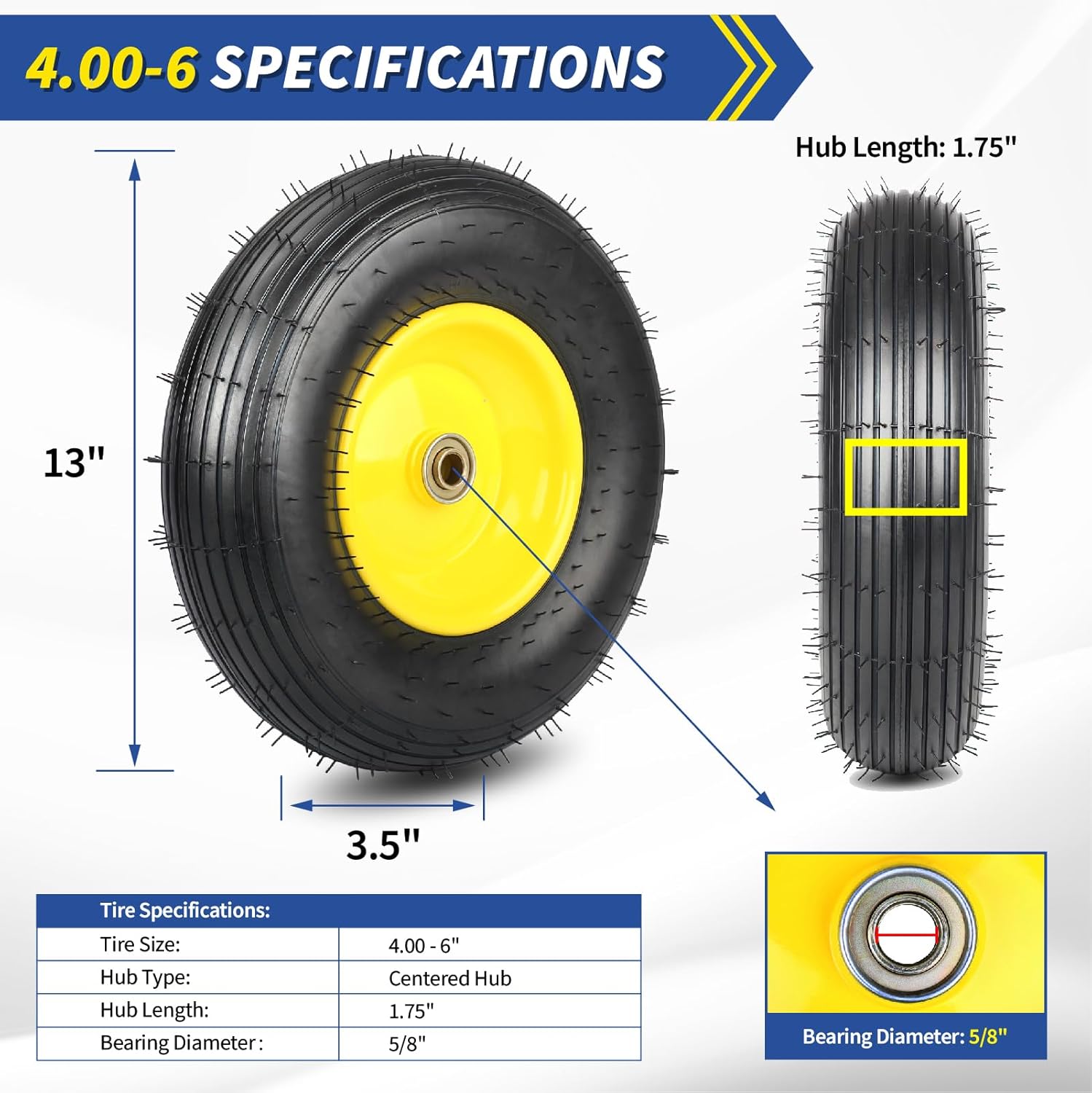GICOOL Upgrade 4.00-6 Wheelbarrow Tire, 13" Pneumatic Wheel, 5/8" & 3/4" Bearings, 1.75"- 6" Centered Hub for Wheelbarrows Trolley Dolly Garden Wagon Cart Wheel Replacement (Explorer Series)