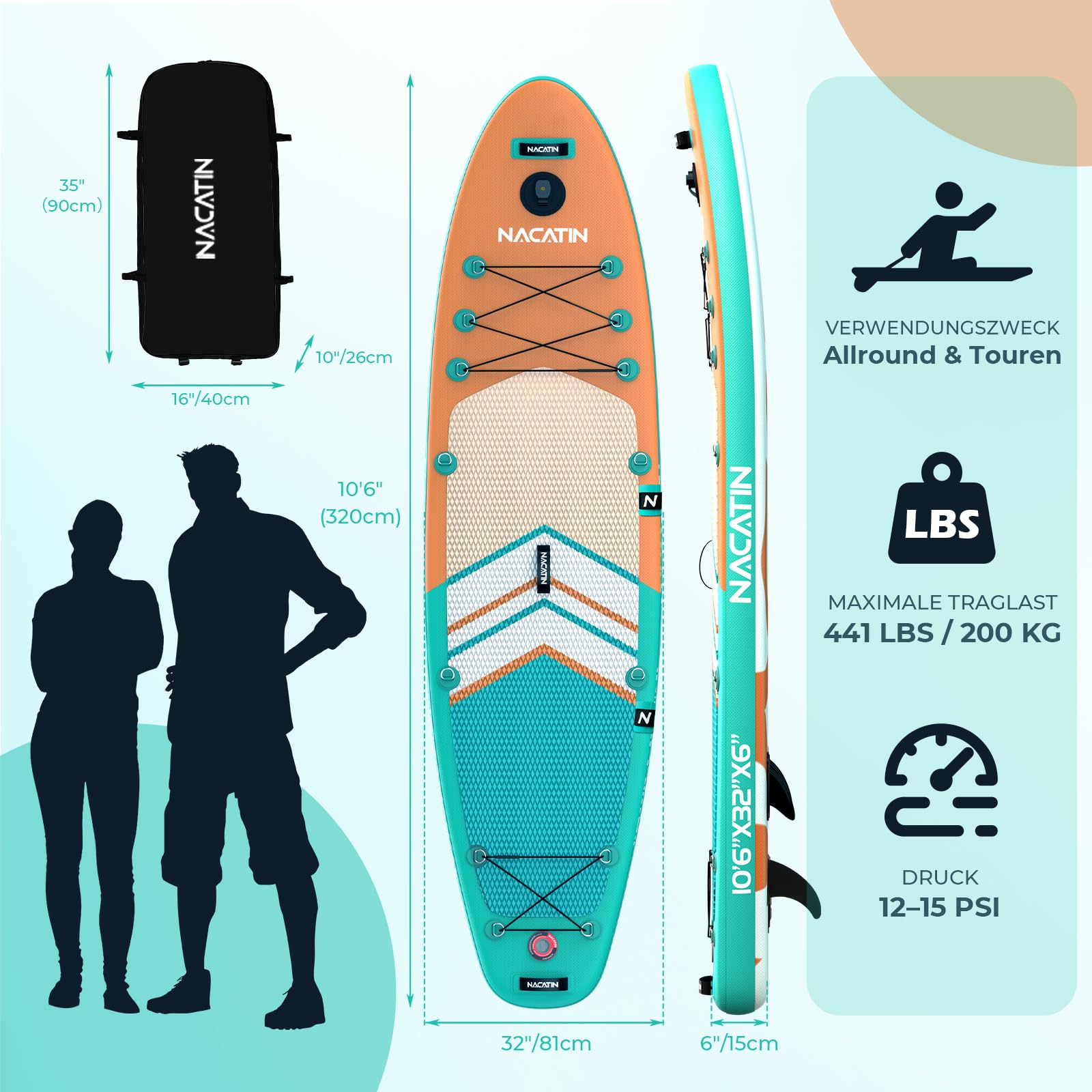NACATIN SUP Board für Erwachsene, aufblasbares Stand Up Paddling Board 320cm (10ft 6in), mit verstellbarem Paddel, Pumpe, Rucksack, Reparaturset, ideal für Anfänger & Fortgeschrittene