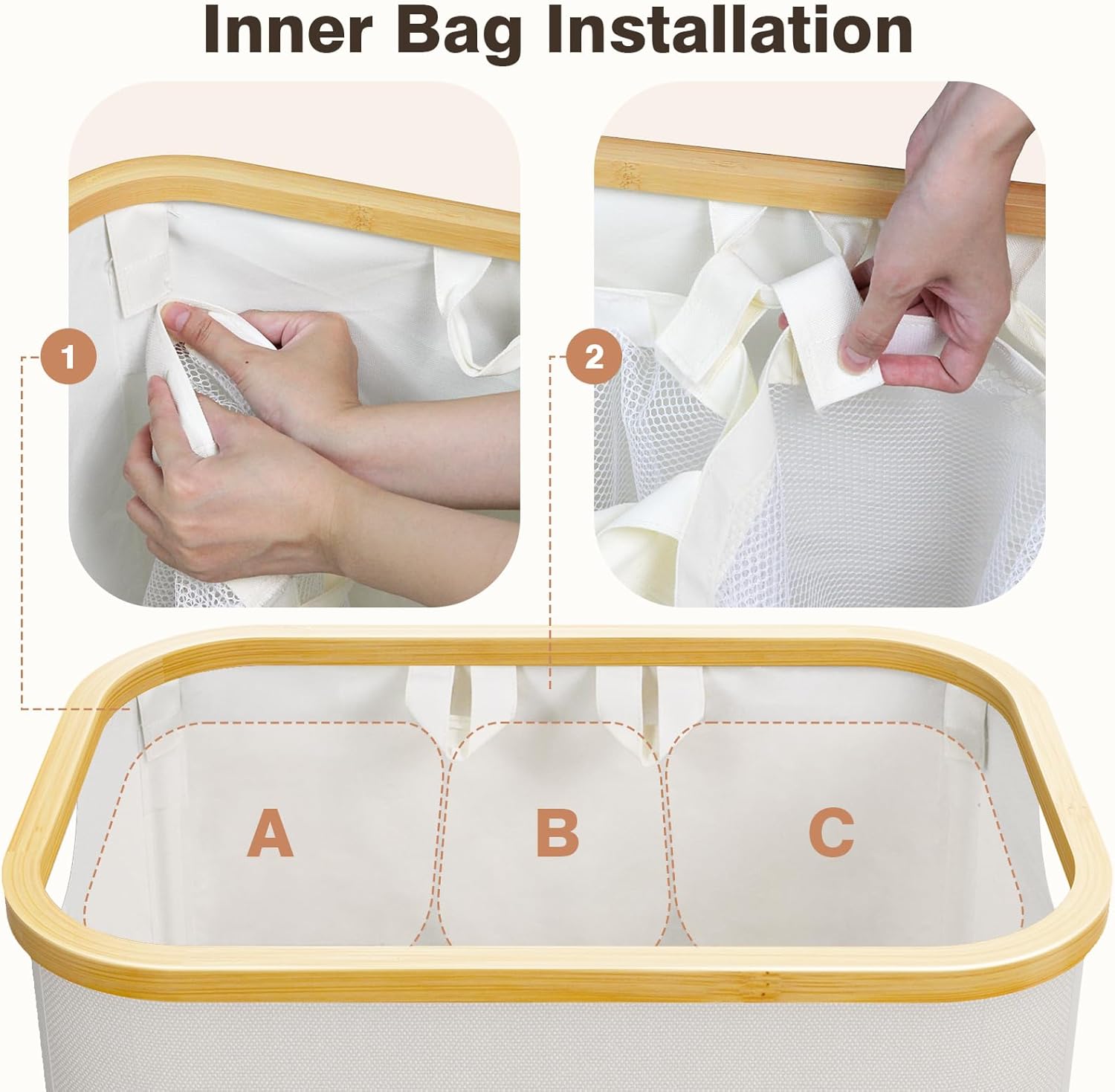 Extra Large 3 Section Dirty Clothes Laundry Basket with Lid, Dirty Clothes Hampers with Removable Bags for Bedroom and Laundry Room, Beige Beige 145L