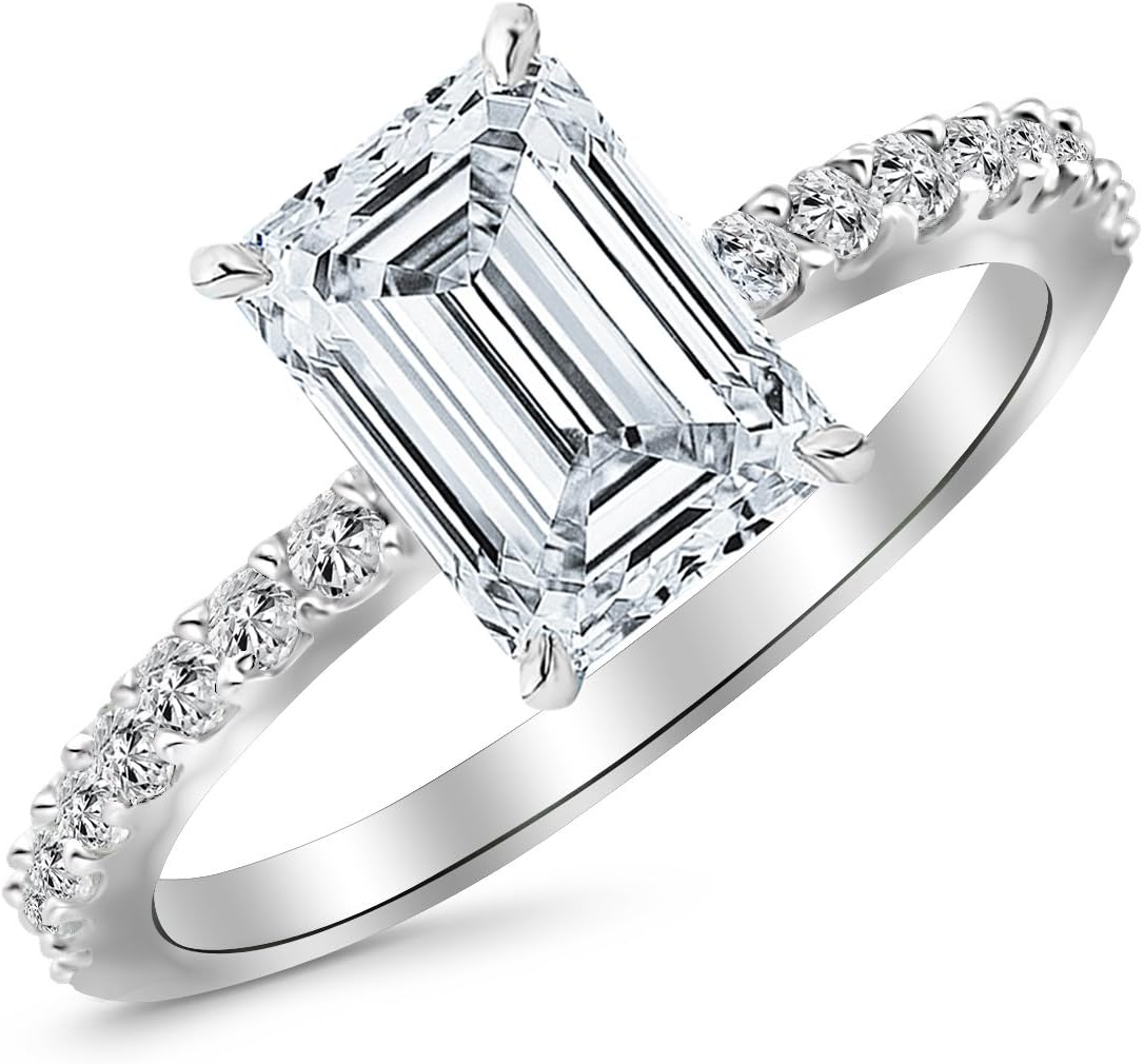 0.83 Carat Classic Sidestone Pave Set Diamond Engagement Ring with a 0.5 Carat Emerald Cut F Color SI1 Clarity Center Stone