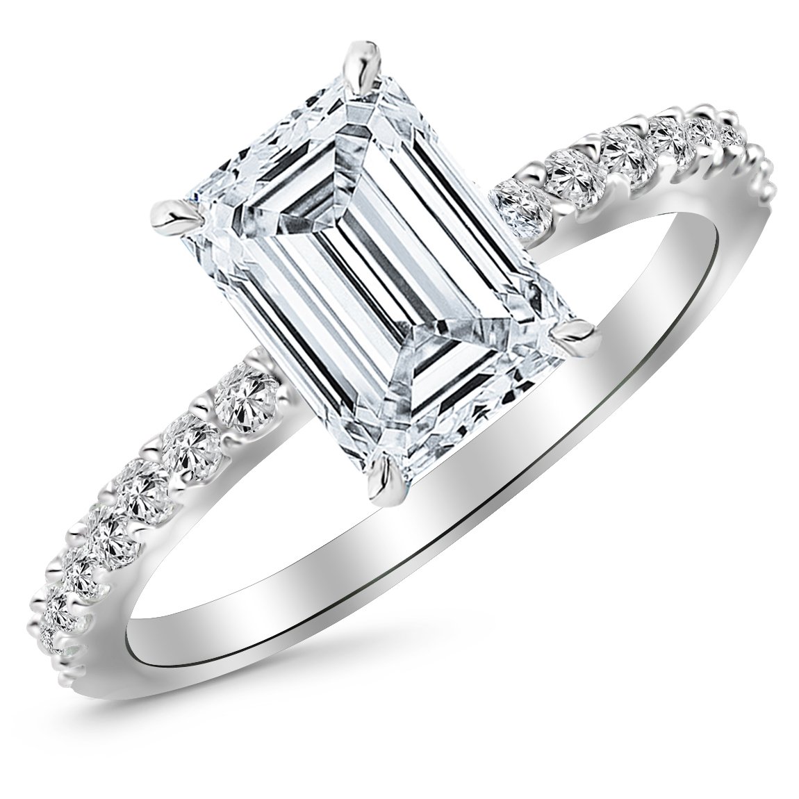 0.83 Carat Classic Sidestone Pave Set Diamond Engagement Ring with a 0.5 Carat Emerald Cut F Color SI1 Clarity Center Stone