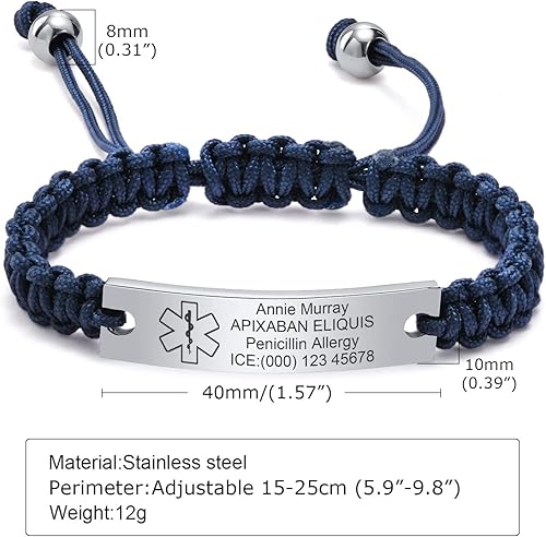 Miniatura 5 de MEALGUET Pulsera de identificación médica para hombres y mujeres, grabado gratuito, hecha a mano, cuerda trenzada ajustable, pulsera de