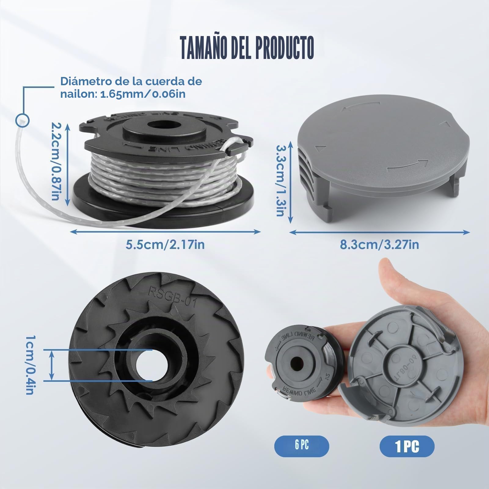 Bobina y línea para desbrozadora Bosch,6 pcs bobina de repuesto de recortadora cortabordes para F016800569,1 tapas para F016F05320 compatibles con Bosch EasyGrassCut 18/23/26/18-230/18-260(Ø1.65mm 6m)