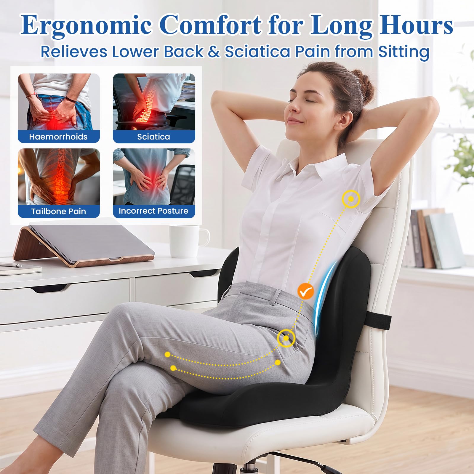 Ergonomisches L-förmiges Memory-Schaum-Sitzkissen mit Lendenwirbelstütze – Rücken- und Gesäßkissen für Bürostuhl, Auto, LKW und Rollstuhl – Ischias- und Rückenschmerz-Relief-Kissen für langes Sitzen