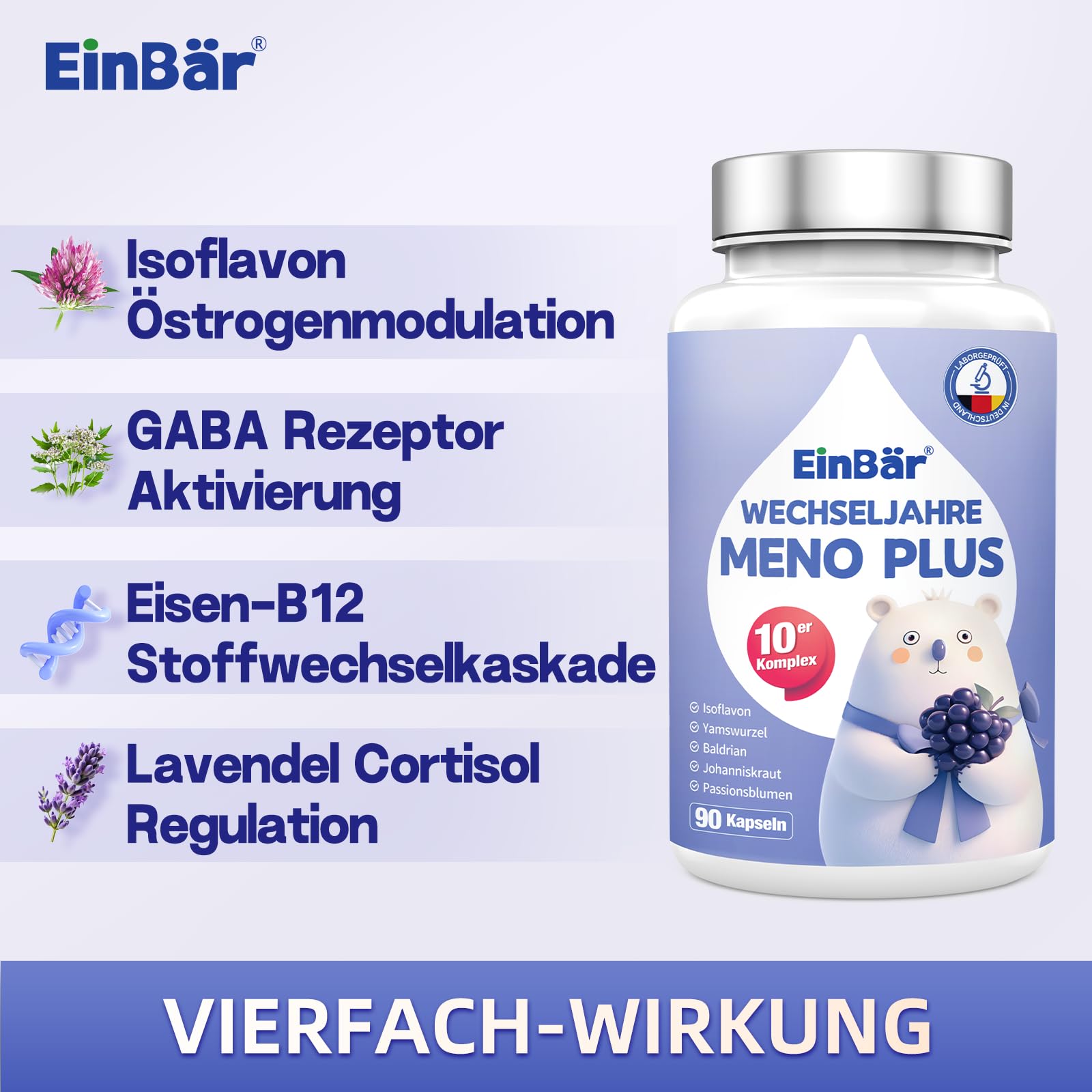 Wechseljahre Hormonbalance – 10-fach Komplex für Frauen mit Yamswurzel, Rotklee, Isoflavonen, Baldrian, Vitamin B9+B12 – MENO Formel vegan produziert in Deutschland