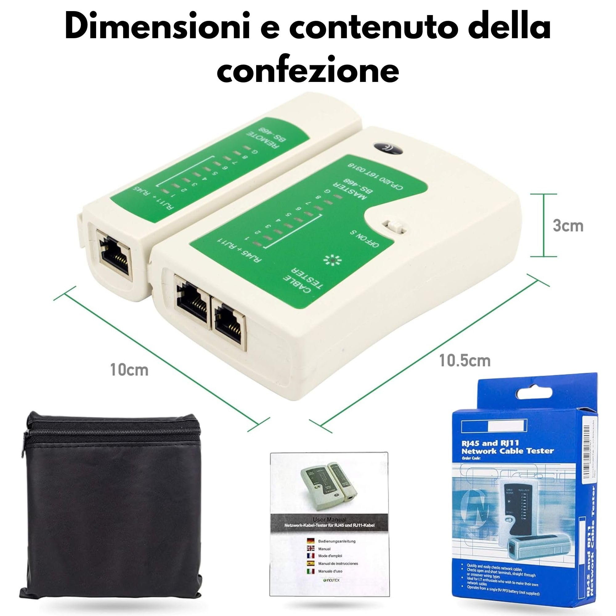 Incutex Tester Cavi di Rete, Ethernet LAN RJ45 RJ11 CAT5 CAT5e CAT6a Linea Tester Professionale, Rilevatore Cavi Wire Tracker, bianco-verde