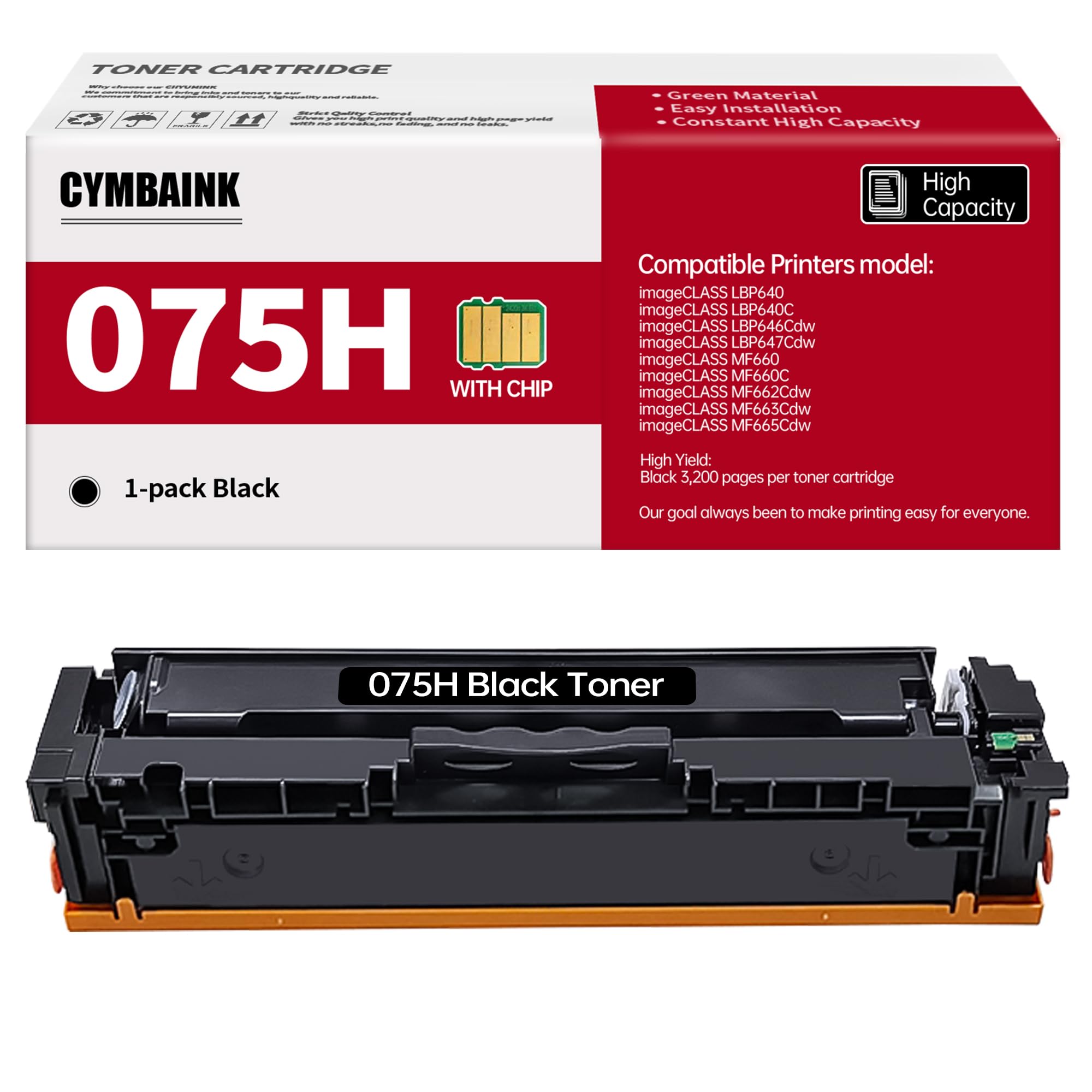 075H 075 MF660 LBP640 Replacement for Canon 075 075H Toner Cartridge Compatible with Canon Color imageclass MF665Cdw, MF663Cdw, MF662Cdw, LPB647Cdw, LBP646Cdw Printer（1 Black）