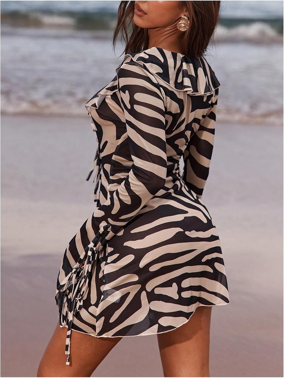 SweatyRocks Women's Zebra Print Deep V Neck Y2k Mini Dress Long Sleeve Mesh Short Dresses Beach Vacation Cover Up - Image 3