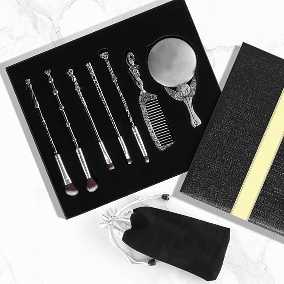 [7 PCS] Harry Makeup Brush Gift Set, With Silver Mirror, Comb, Handle Wizard Wand for Foundation Blush, Eyeshadow, Face Concealer, Eyeliner Contour, Powder Liquid Eye, Harry Gift for Girls Women
