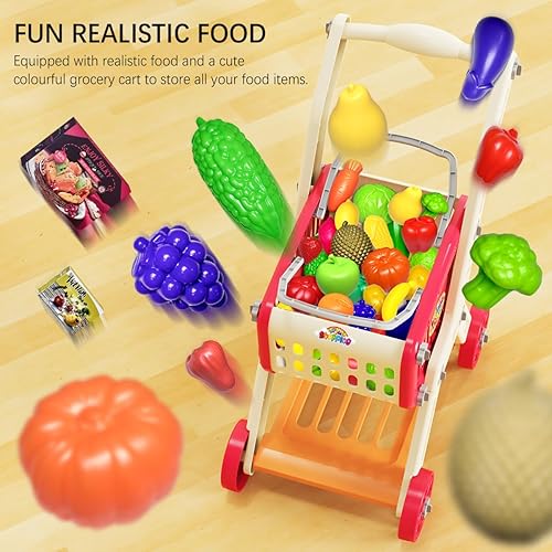 Miniatura 5 de Carrito de compras para niños con comida de simulación y accesorios, carrito de compras de juguete para niños y bebés con alimentos de juego,