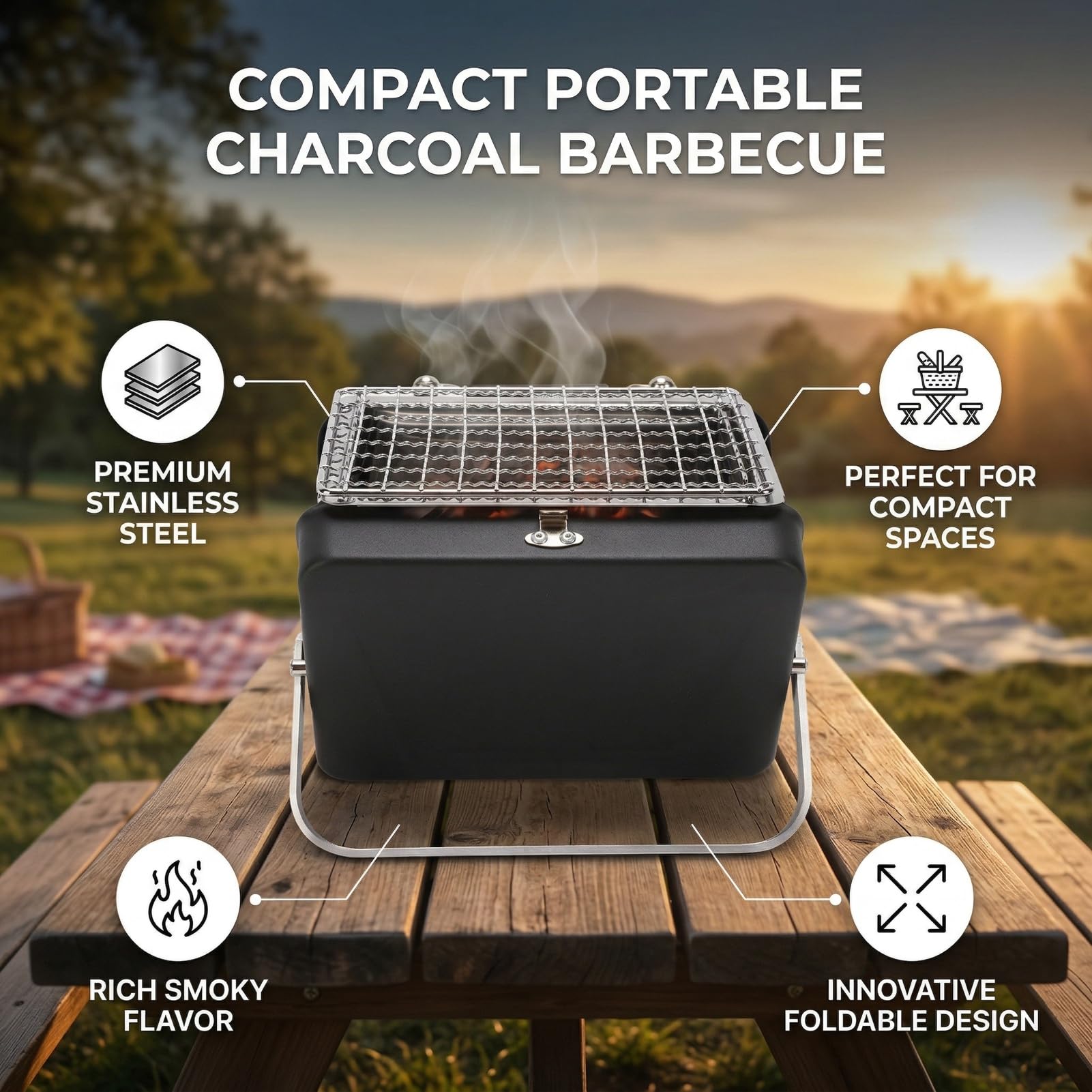 Griglia per Barbecue, Griglia per Barbecue Portatile Pieghevole e Compatta in Acciaio Inossidabile 6,5x4,3x5,9 Pollici, a Carbone con Custodia Integrata per Uso Esterno da Tavolo da Picnic