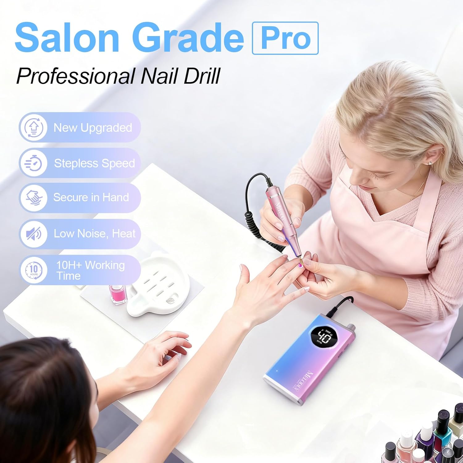 Electric Nail Drill File Professional 40000 RPM, Melodly Rechargeable Electric Nail File Machine Kit for Acrylic Gel Nails Polishing Removing, Portable Cordless Efile with Gold Bits Kit at Salon Home - Image 2