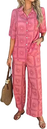 Womens 2 Piece Boho Summer Sets Tropical Floral Short Sleeve Shirt Tops Matching Pants Vacation Beach Lounge Outfits