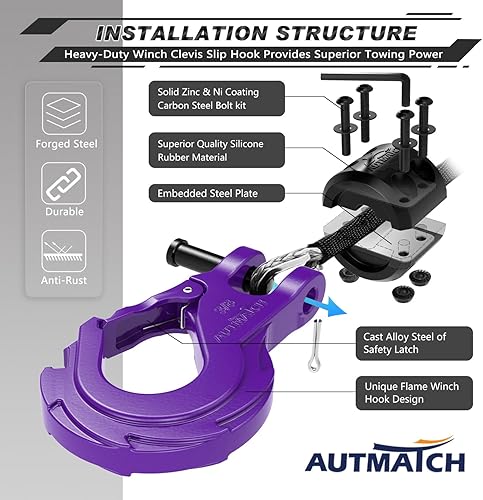 Miniatura 2 de AUTMATCH Pestillo de seguridad para cabrestante de 38 pulgadas, grado 70, gancho deslizante de horquilla de acero forjado y tapón de gancho para