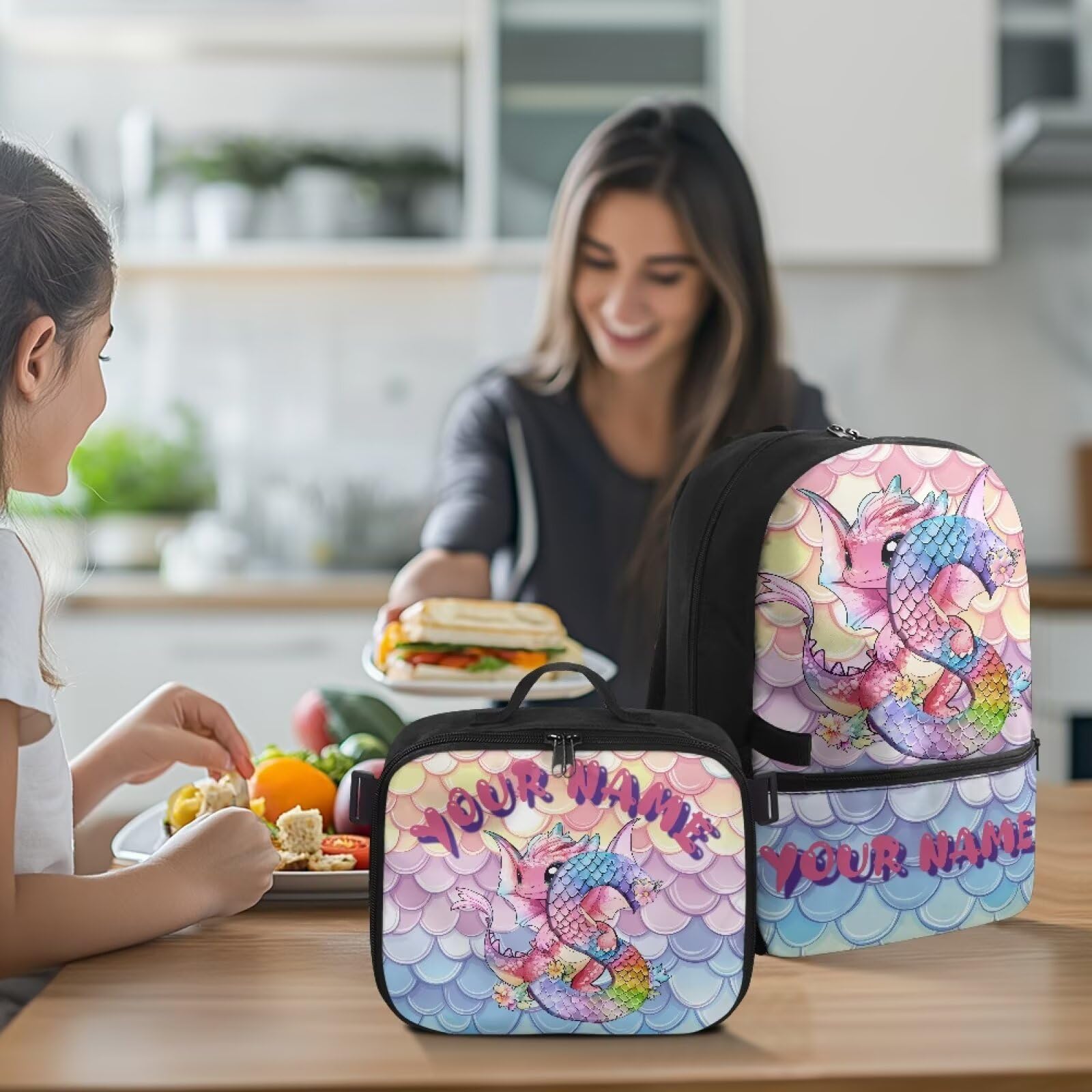 Mochila para niños con nombre personalizado con fiambrera, 2 unidades, preescolar, primaria, personalidad, mochila escolar