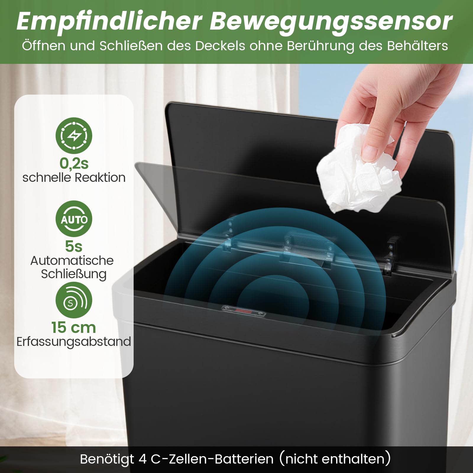 COSTWAY Mülleimer 3 Fächer, 56L Mülltrennsystem inkl. 2 ausnehmbaren Abfallbehältern, 2 x 10L + 36 L, elektrischer Abfalleimer mit Sensor & Softclose-Deckel, für Küche, Büro (Schwarz)