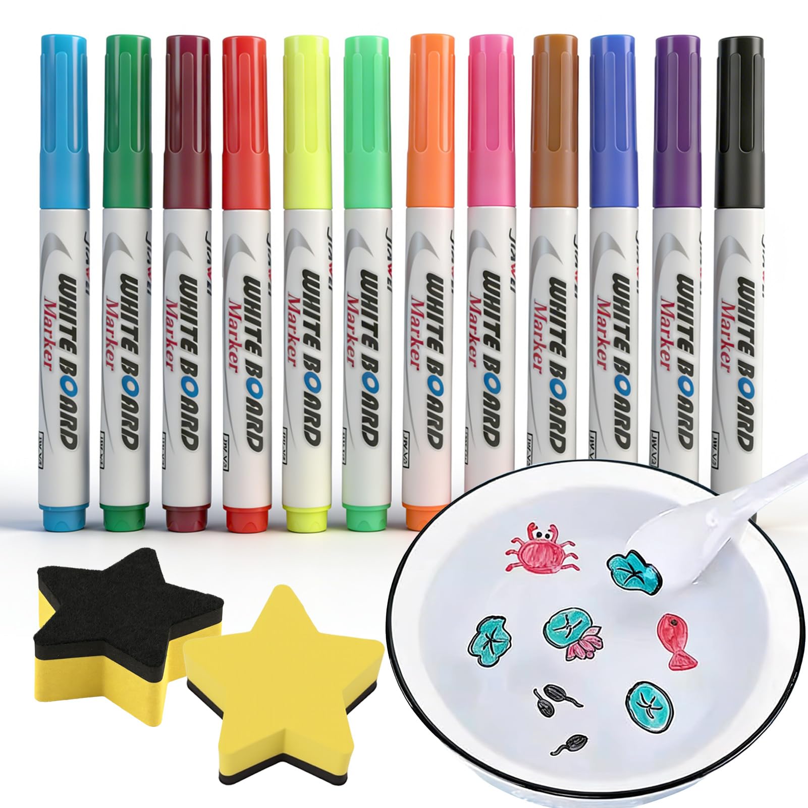 Dewbeat 12 Colours Magical Floating Pens with Spoon & 2 Star Eraser, Magic Water Markers Pen Kit, Smooth Ink Floating Drawing Pens Bundle for Fun Art & Craft Projects, Creative Drawing for Home Use