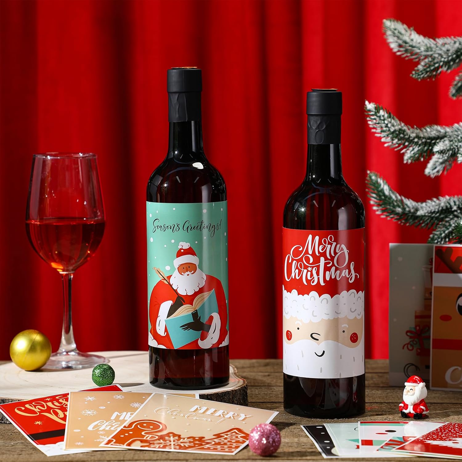 Maxcheck 12 Pcs 25 oz Christmas Plastic Wine Bottles Set with Shrink Capsules and Label Stickers Airtight 750ml Empty Liquor Bottles with Lid Brewing for Wine Making Homemade Xmas Gift (Green,Cute)