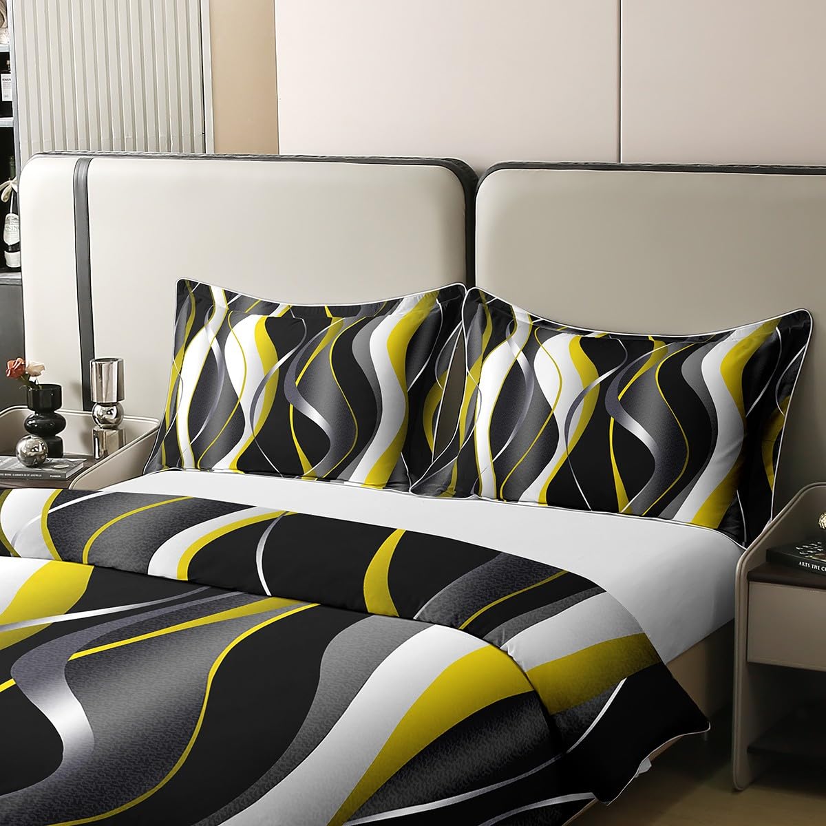 Geometric 100% Cotton Duvet Cover Single Size 1 Panel White Yellow Black Grey Lines Bedding Cotton Duvet Cover Set Modern Abstract Art Bedding Set - Image 4