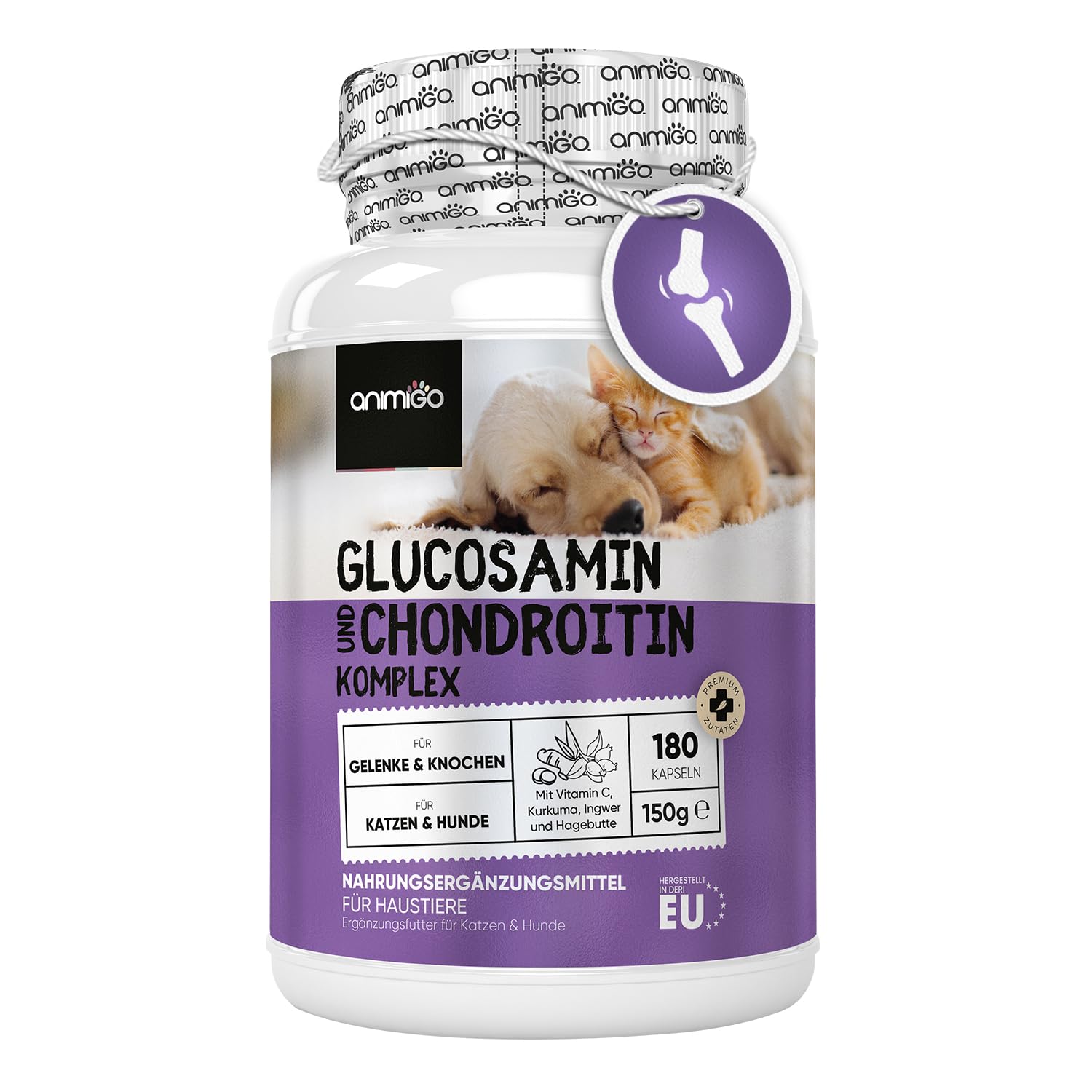 Glucosamin Chondroitin Komplex - 180 Kapseln - Knorpelaufbau, Gelenke & Knochen - Gelenkkapseln Hunde & Katzen - Mit Kurkuma, Ingwer, Vitamin C - Alternative zu Gelenktabletten, Grünlippmuschelpulver