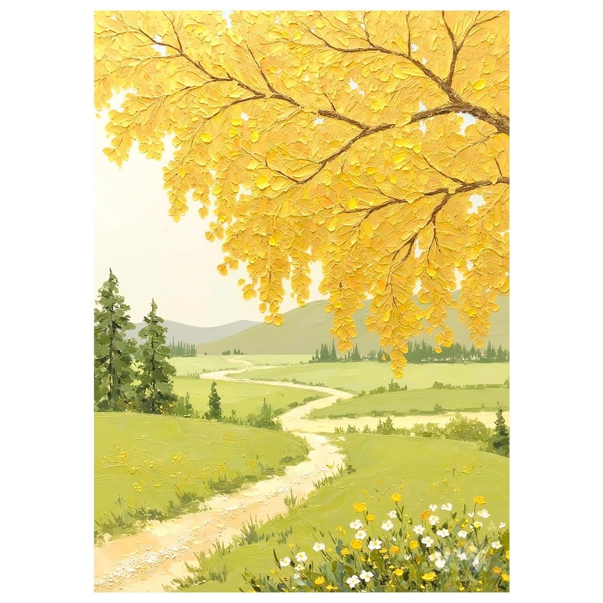 LCDIUDIU Oil Paintings On Canvas Hand Painted Large Unframed Golden Ginkgo Tree Meadow Wall Art Yellow Green Textured Landscape Wall Decor Modern Artwork for Living Room Bedroom 70X100Cm(28X40Inch)
