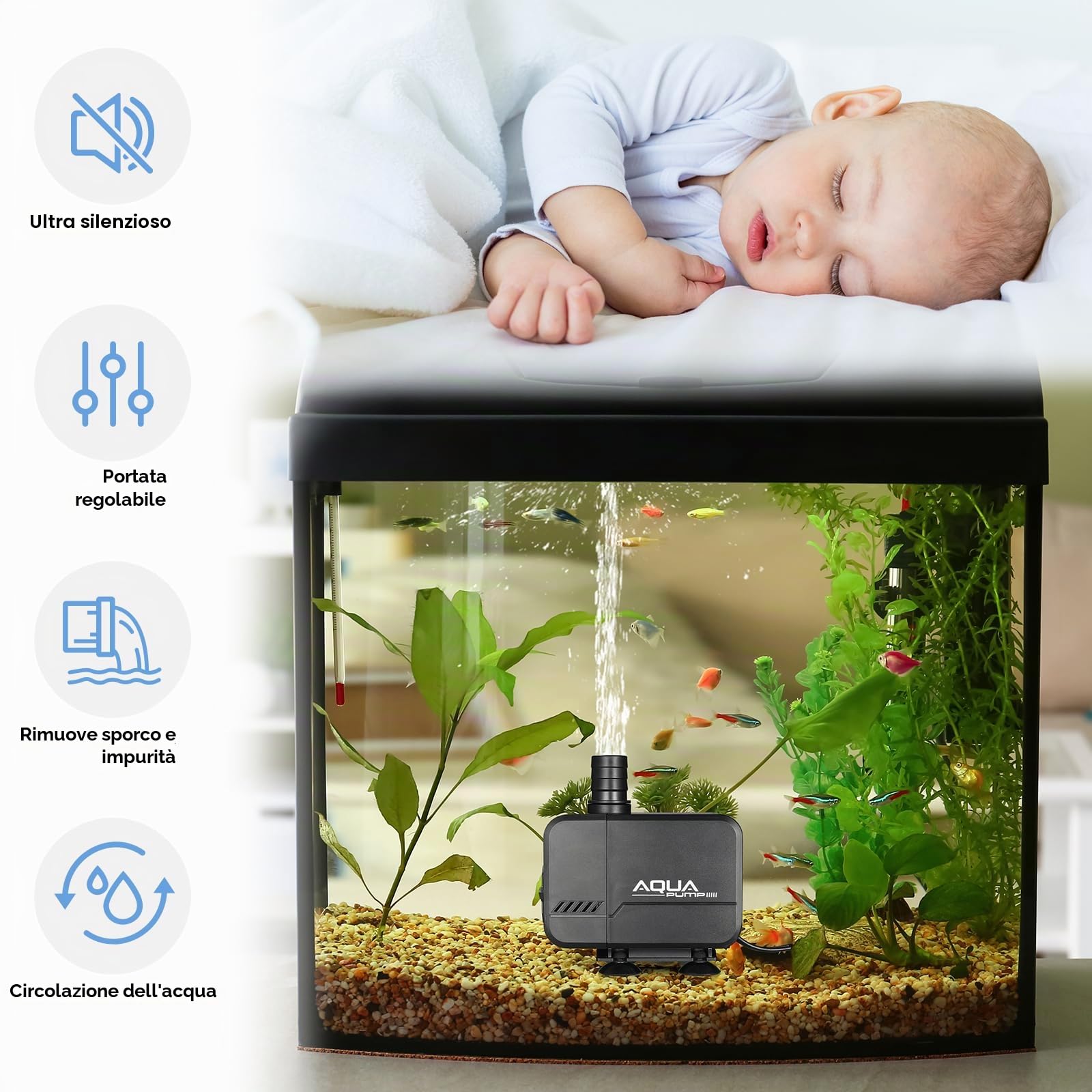 Pompa Sommersa 45W 3000L/H Silenziosa per Acquari e Laghetti, Massima di Sollevamento 3m,Portata Regolabile con Filtro e 3 Ugelli 19/22/25mm, Ideale per Fontane, Idroponica e Circuiti Acquatici