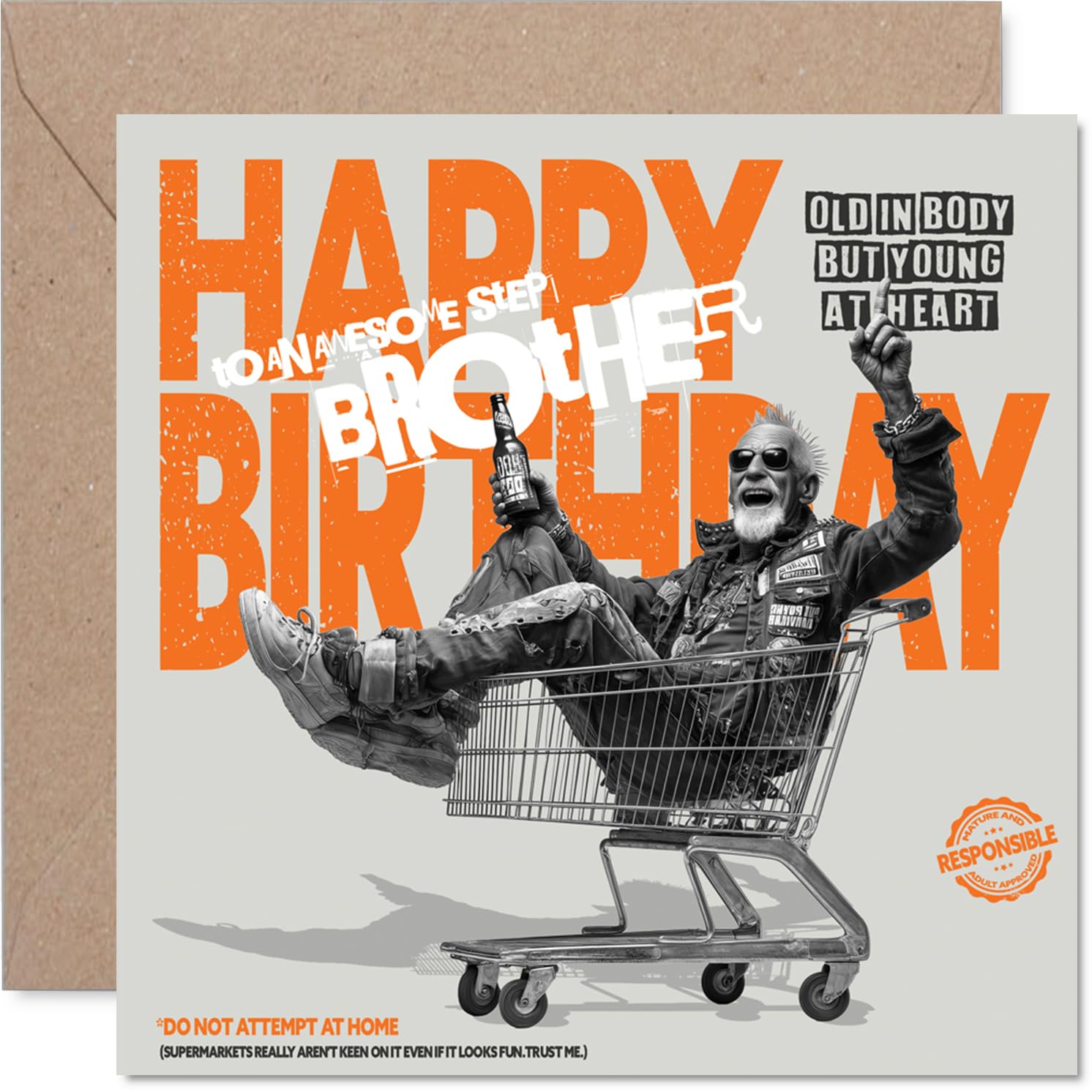 Funny Birthday Card for Step Brother - Rolling into Another Year with Style - Older Gent in a Shopping Trolley Cartoon - 145mm Square, Envelope Included
