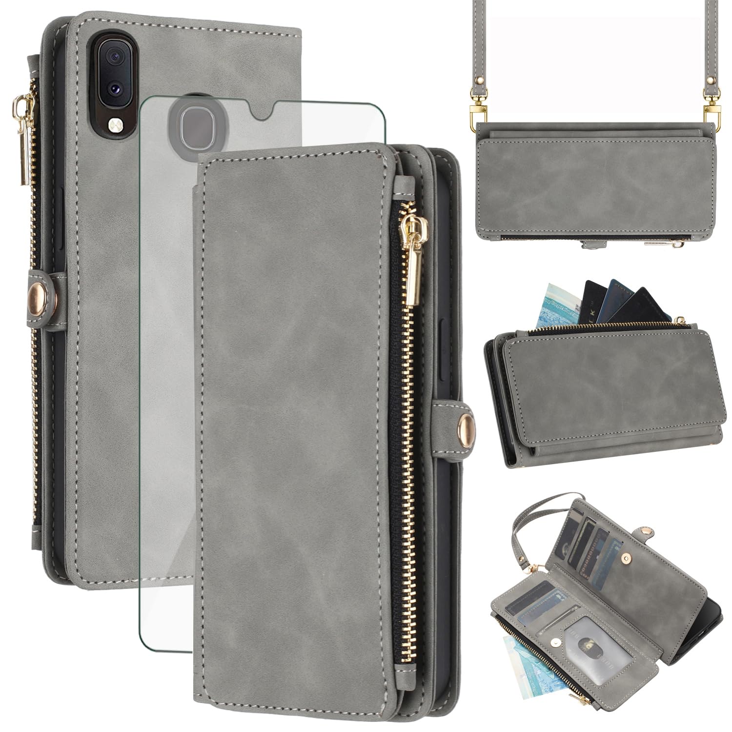 Asuwish Phone Case for Samsung Galaxy A20 A30 Zipper Wallet Cell Cover with Tempered Glass Screen Protector Crossbody Wrist Strap Flip Credit Card