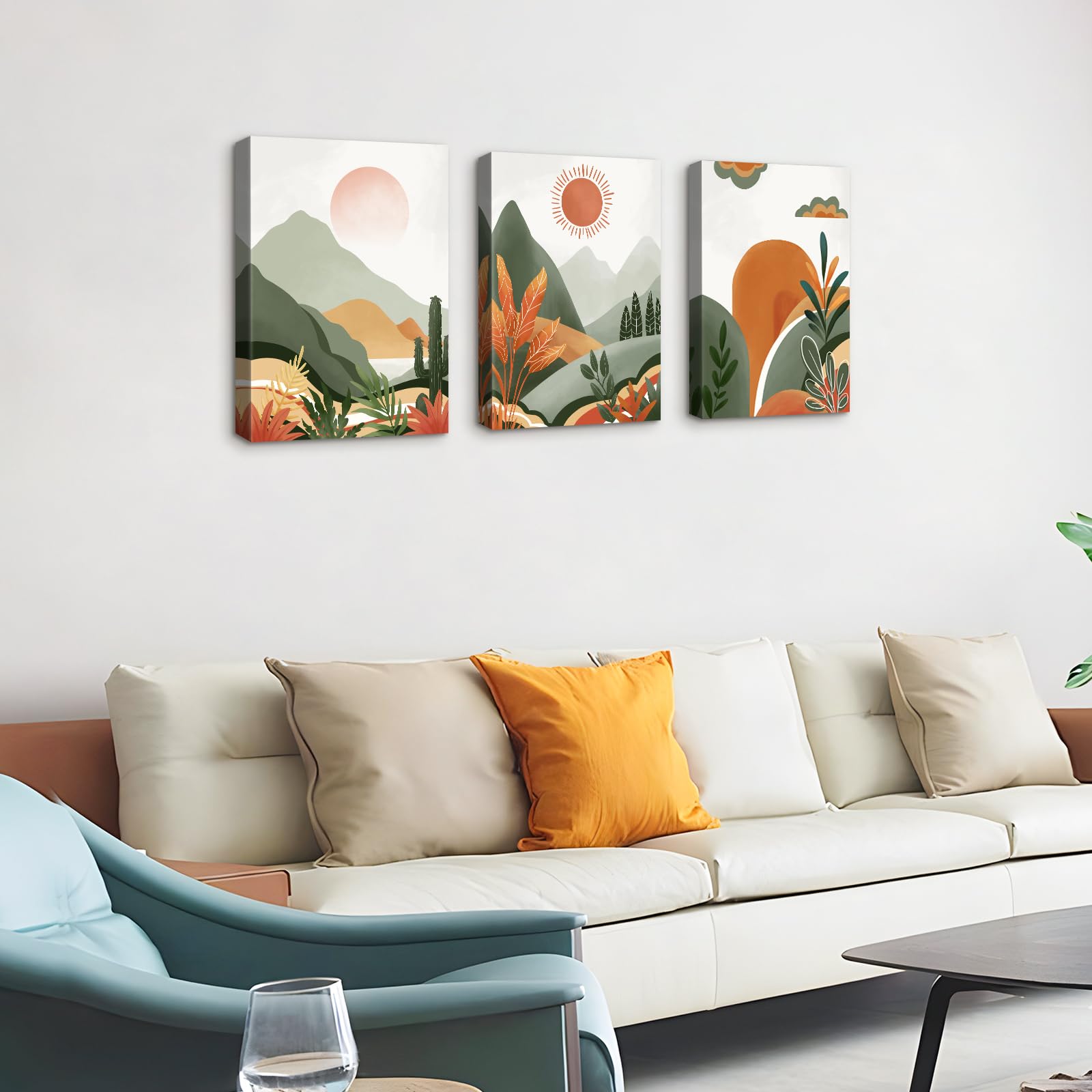 3 Pcs Wooden Framed Canvas Wall Art Canvas Prints Bohemian Desert and Sun Painting Green Mountains Plants Floral Pictures for Living Room Bedroom Bathroom Hallway Stairs Wall Decor 40x60 cm x3pcs - Image 4