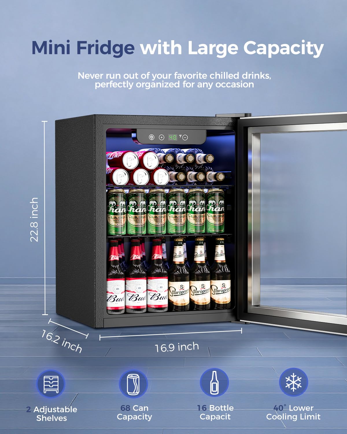 Feelfunn 1.7 Cu.Ft Beverage Refrigerator Cooler - 68 Can Mini Fridge Glass Door For Drink Soda Beer Wine - Small Refrigerator For Bedroom Office Home Dorm Bar, Silver on Fridge.com - View 2