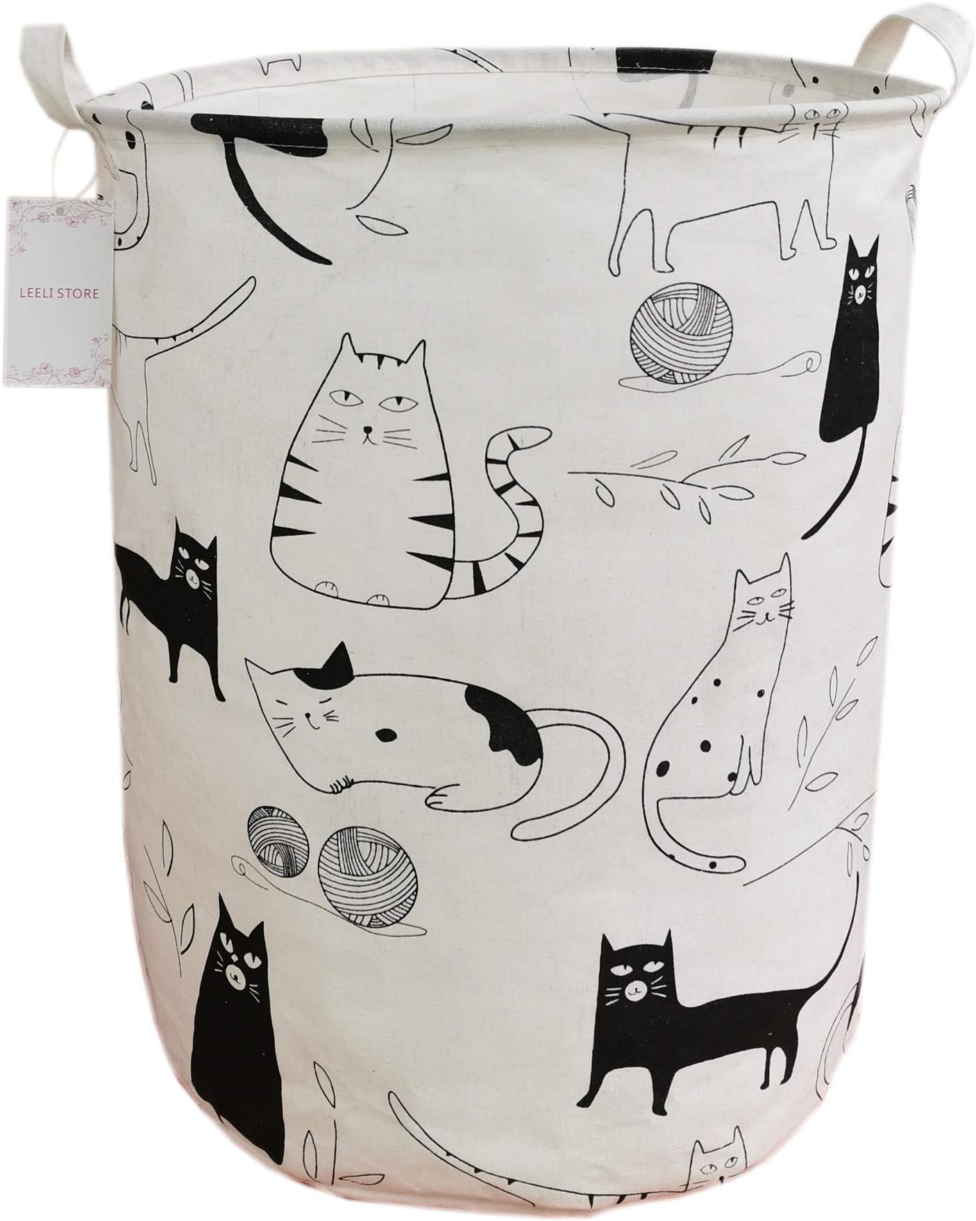 Laundry Hamper with Handles Collapsible Canvas Laundry Basket,Waterproof Storage Basket Home Organizer for Nursery,Clothes,Toys,Baby Hamper19.7×15.7(kitty)