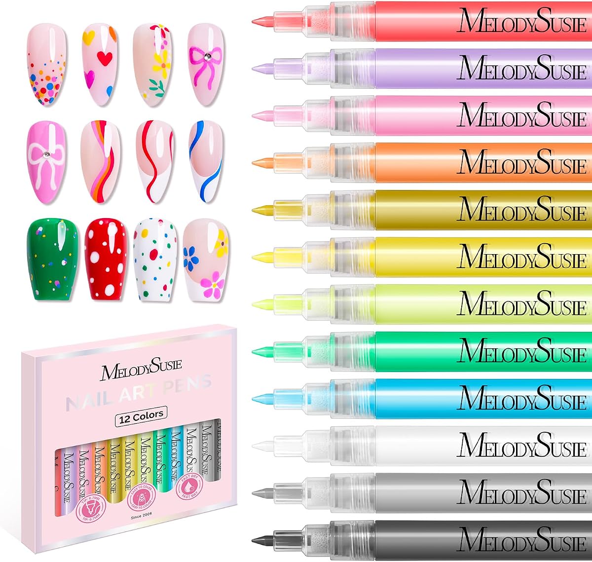 Nail Art Pens Set, 12 Colors 0.7MM Nail Polish Pens for Nail Art, Nail Dotting Tool, Drawing Pen for Nail Design, Manicure Nail Pens for Salon and DIY at Home