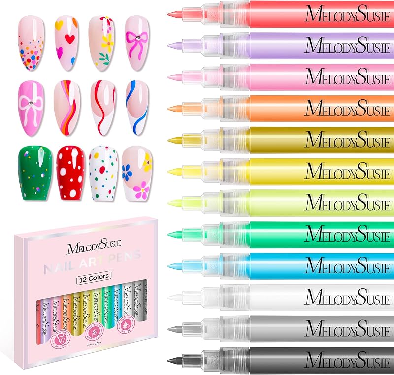 Nail Art Pens Set, 12 Colors 0.7MM Nail Polish Pens for Nail Art, Nail Dotting Tool, Drawing Pen for Nail Design, Manicure Nail Pens for Salon and DIY at Home