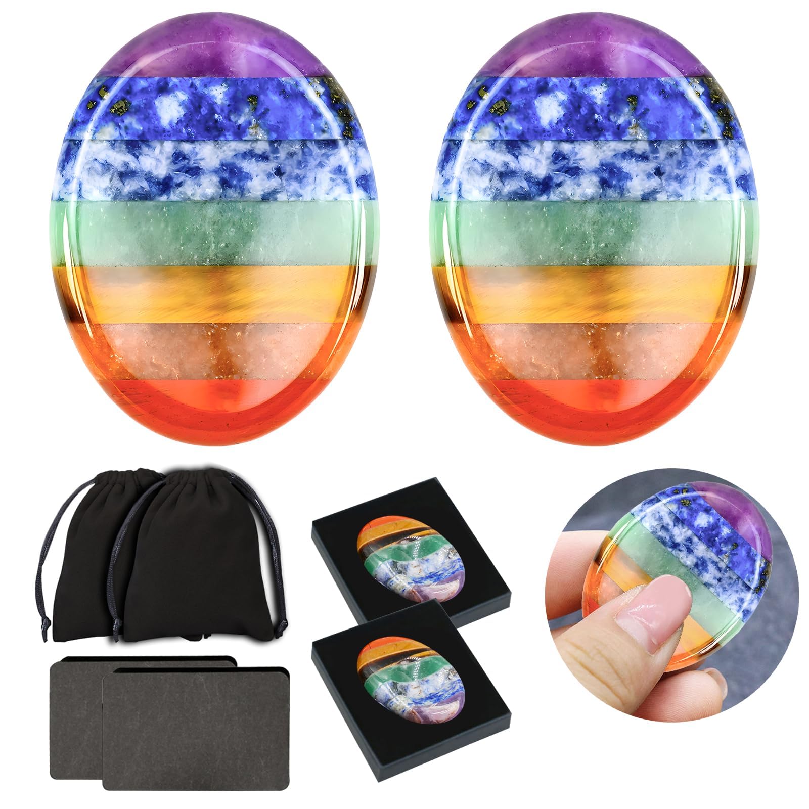 2 Pcs Thumb Worry Stone for Anxiety Set, Valentines Day Gemstones with Storage Bag, Box, Card, 7 Chakra Healing Crystal, Oval Pocket Palm Stone, Crystal Thumb Worry Stone for Lover(Rainbow)
