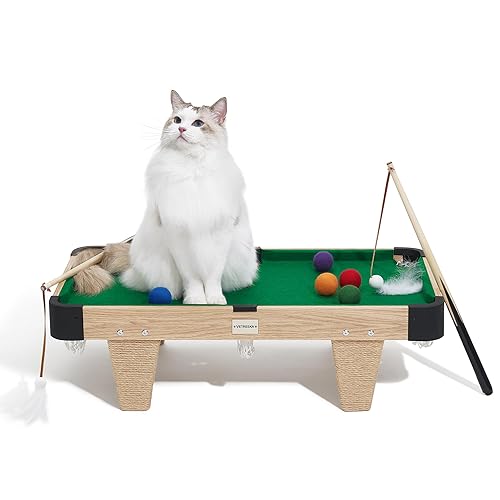 VETRESKA 4 in 1 Cat Toys Mini Pool Table, Gift for Cats, Feather Wand Toy Cat Billiard Ball Puzzle Toy, Pool Table with Scratching Post, Cat Interactive Exercise Play Rest Beds & Furniture - Pool table
