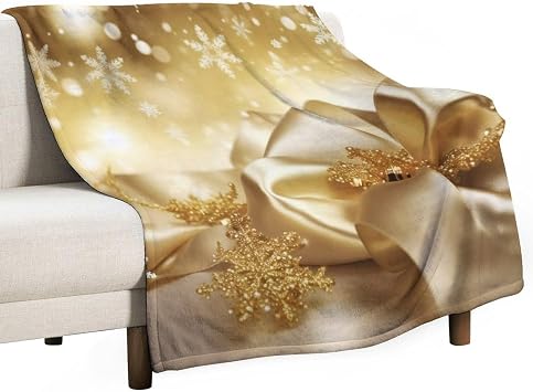 Ultra Soft Flannel Fleece Throw Blanket Gold Silk Christmas Printing Comfortable Light Blankets Washable Lightweight Fuzzy Blanket All Season Use for Family Outdoor Camping Trips 60x80 Inches, White
