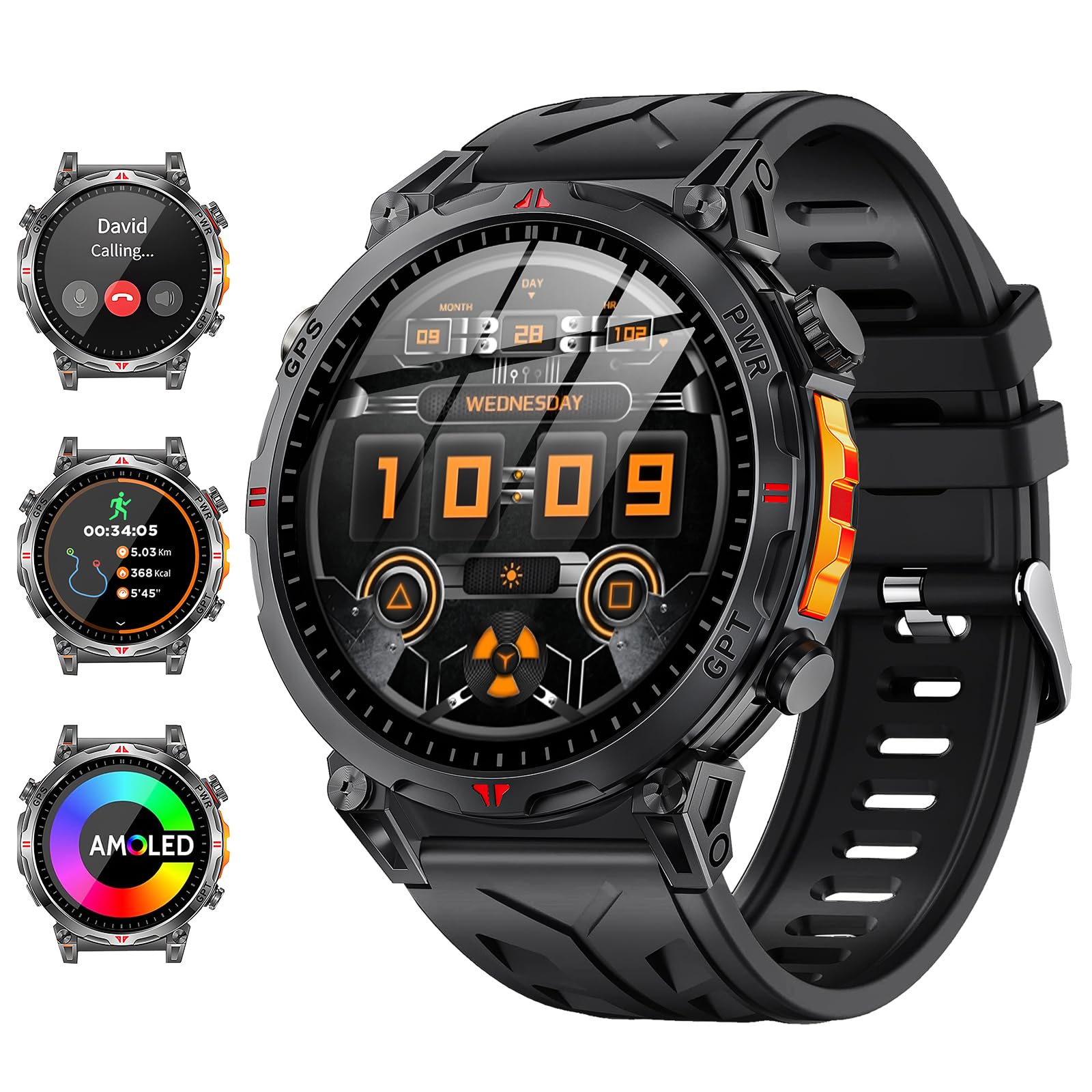 Reloj Inteligente Hombre con GPS, 1.6" AMOLED Pantalla Táctil Reloj Smartwatch Militar, Llamadas Bluetooth/ChatGPT/IA/100+ Modos Deportivos, Reloj Deportivo Hombre Android iOS