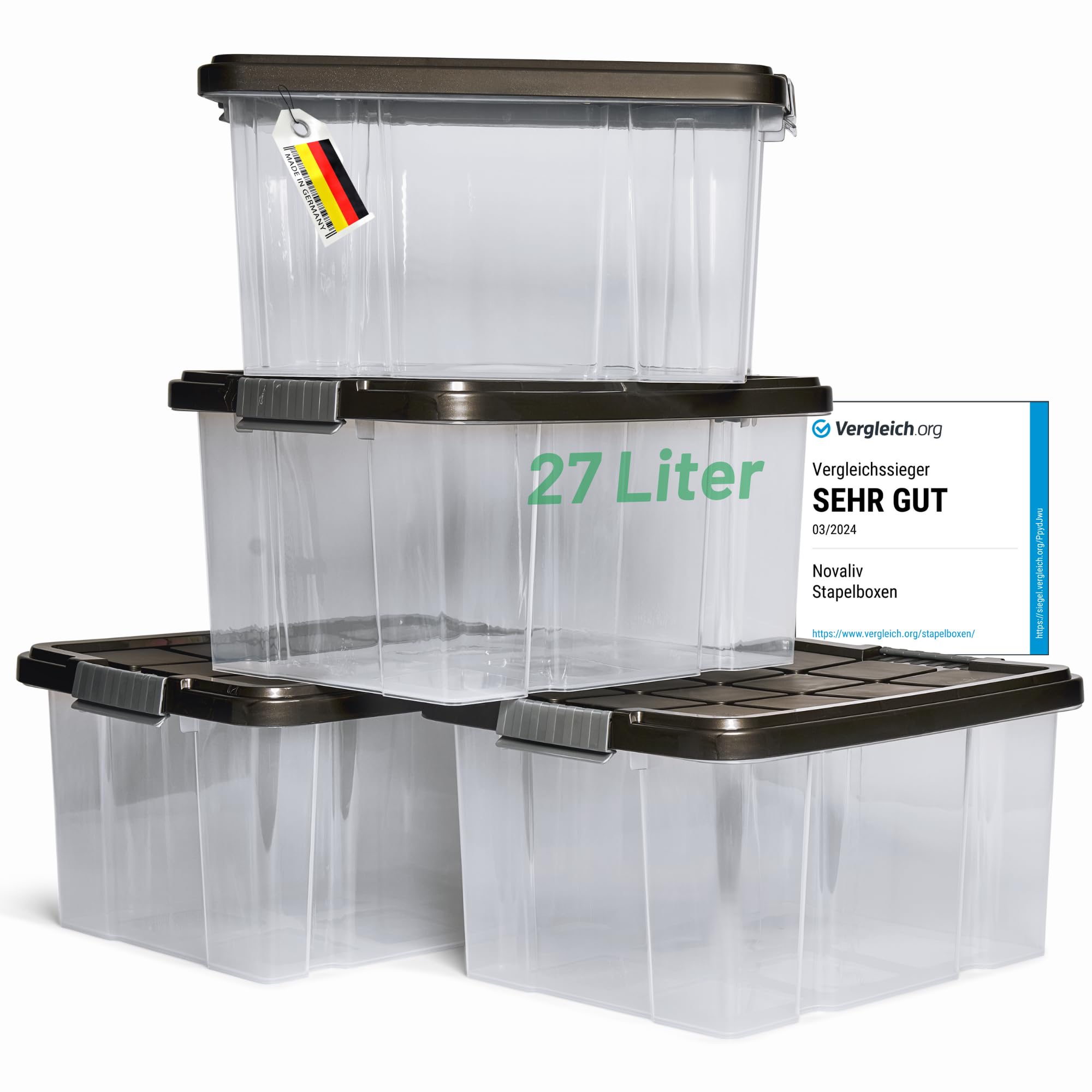 Novaliv 4x Aufbewahrungsboxen mit Deckel 27L Anthrazit Nestbar stapelbare Storage boxes mit Clipverschluss Kunststoffbox BPA-frei 46,5x36,5x24 cm