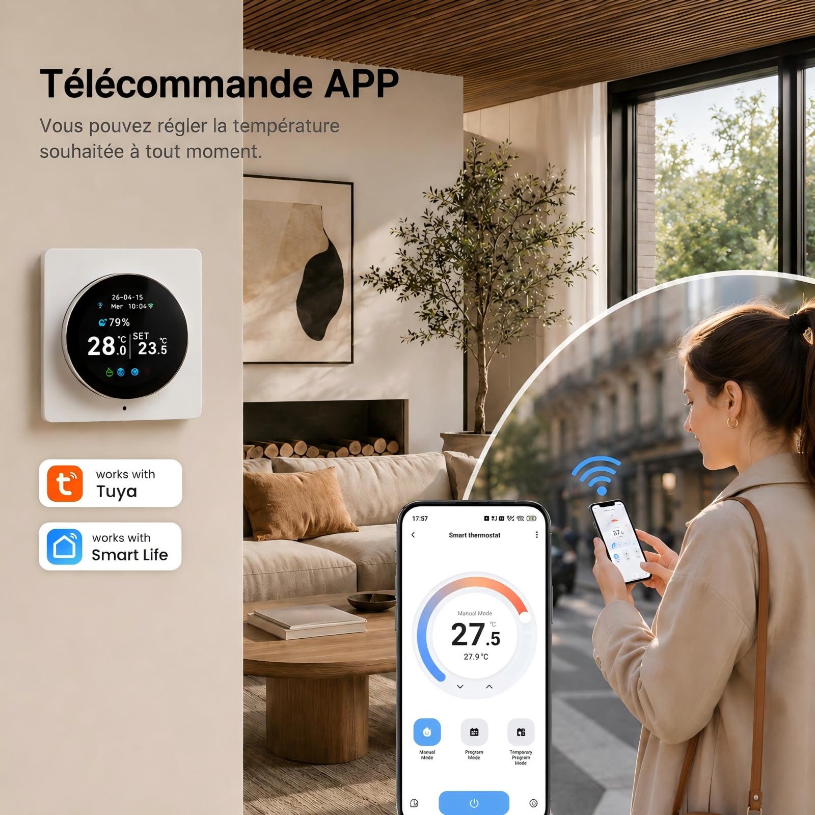 Thermostat Connecté Chaudiere Gaz WiFi Régulateur Température à Rotatif 3A | Intelligent Thermostats D'ambiance Mural Programmable Digital Compatible avec Alexa Google Home Tuya Smart Life,Écran Couleur